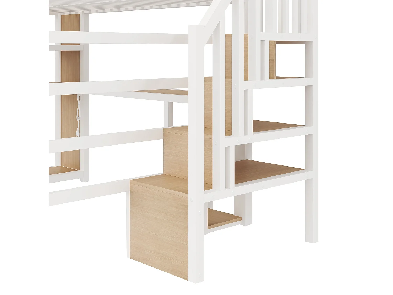 Loft bed 140 x 200 cm with desk, wardrobe, LED lighting and shelves - Metal - White (Mattress not included)
