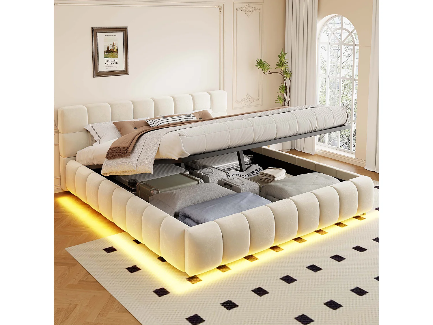 160 x 200 cm Stauraumbett mit hydraulischer Staufunktion und LED-Beleuchtung - Samt - Beige (Matratze nicht im Lieferumfang enthalten)
