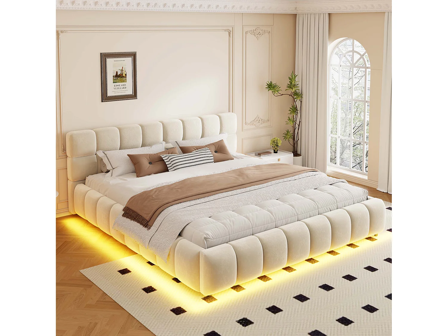 160 x 200 cm Stauraumbett mit hydraulischer Staufunktion und LED-Beleuchtung - Samt - Beige (Matratze nicht im Lieferumfang enthalten)