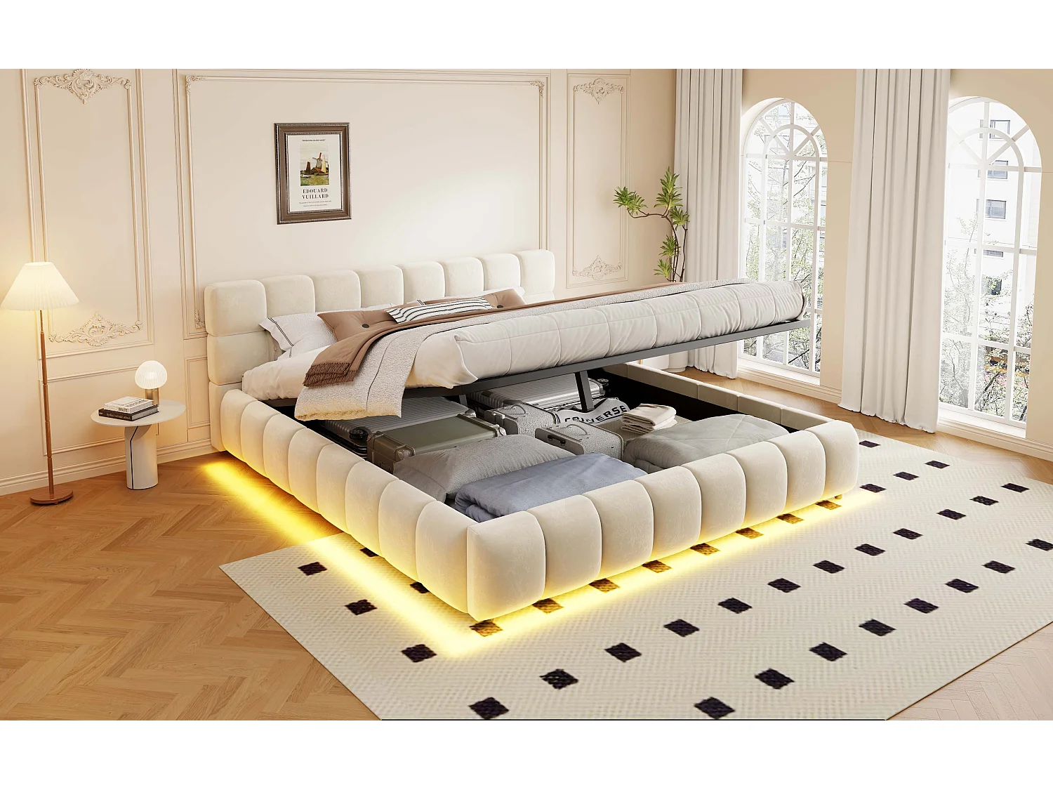 160 x 200 cm Stauraumbett mit hydraulischer Staufunktion und LED-Beleuchtung - Samt - Beige (Matratze nicht im Lieferumfang enthalten)