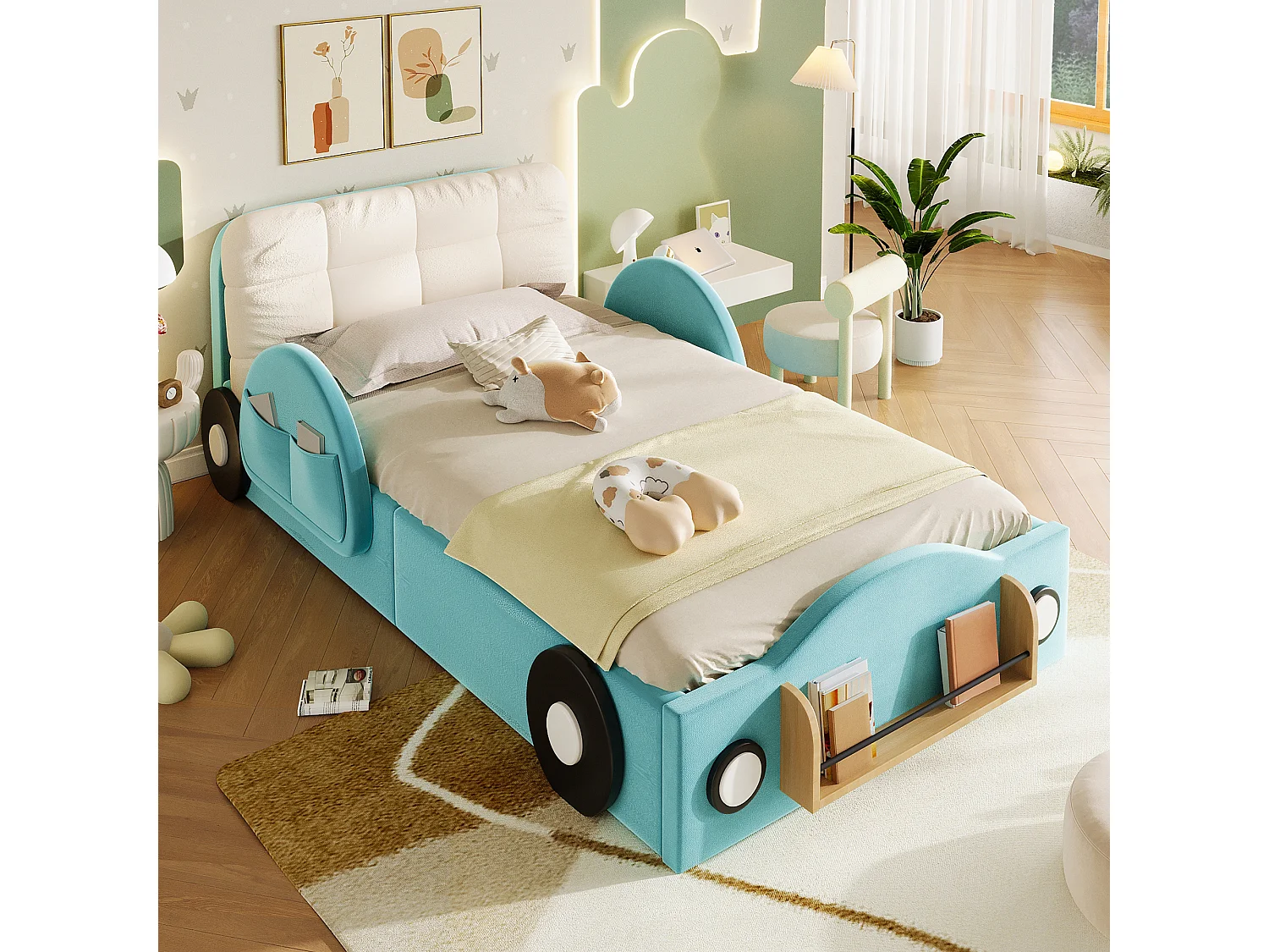 Opbergbed van 90 x 200 cm met hydraulisch opbergsysteem, zijvakken en plank - MDF + flanel - blauw (matras niet inbegrepen)
