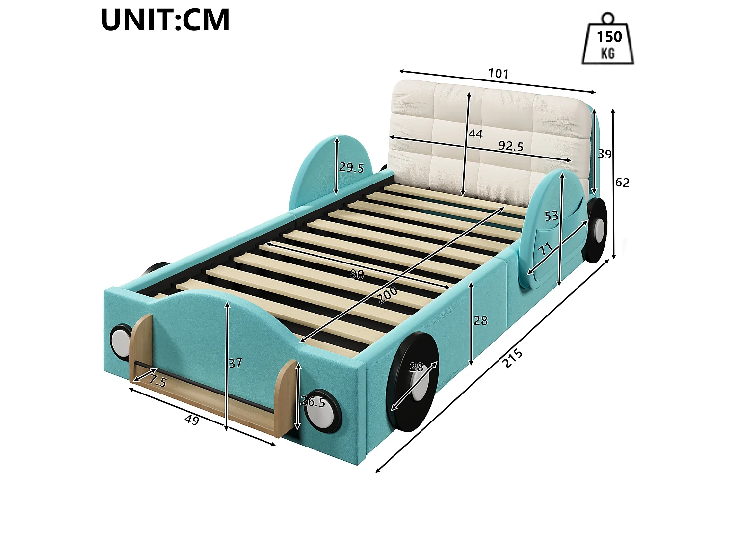 Opbergbed van 90 x 200 cm met hydraulisch opbergsysteem, zijvakken en plank - MDF + flanel - blauw (matras niet inbegrepen)