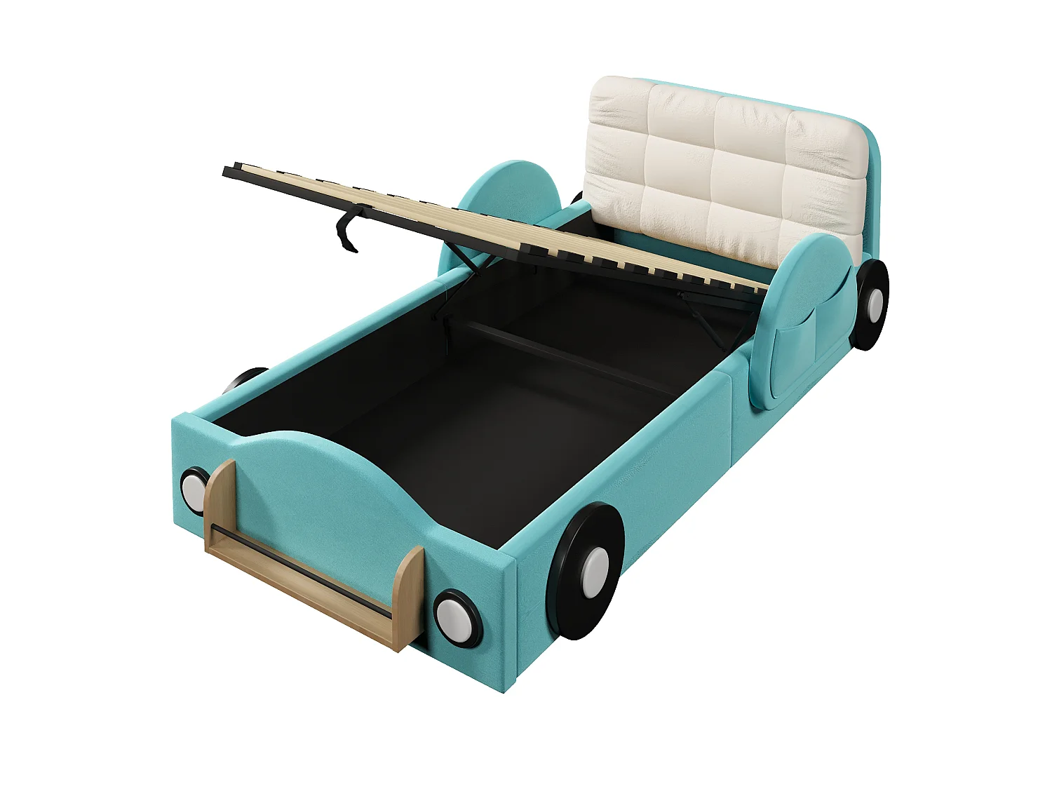 Opbergbed van 90 x 200 cm met hydraulisch opbergsysteem, zijvakken en plank - MDF + flanel - blauw (matras niet inbegrepen)