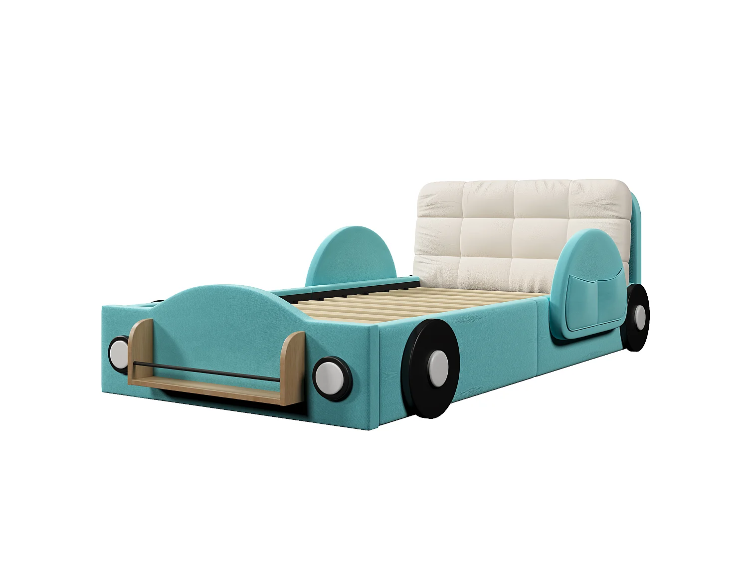 Opbergbed van 90 x 200 cm met hydraulisch opbergsysteem, zijvakken en plank - MDF + flanel - blauw (matras niet inbegrepen)