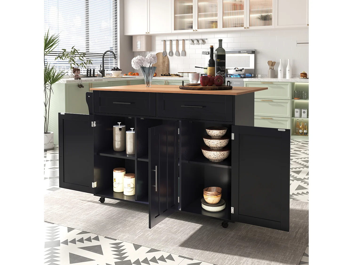 Mobile Kücheninsel mit 3 Türen und 2 Schubladen – 139 x 46/71 x 91,5 cm – MDF – Ausziehbare Arbeitsplatte – Schwarz