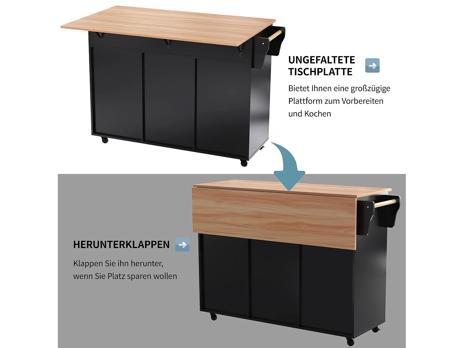 Mobile Kücheninsel mit 3 Türen und 2 Schubladen – 139 x 46/71 x 91,5 cm – MDF – Ausziehbare Arbeitsplatte – Schwarz