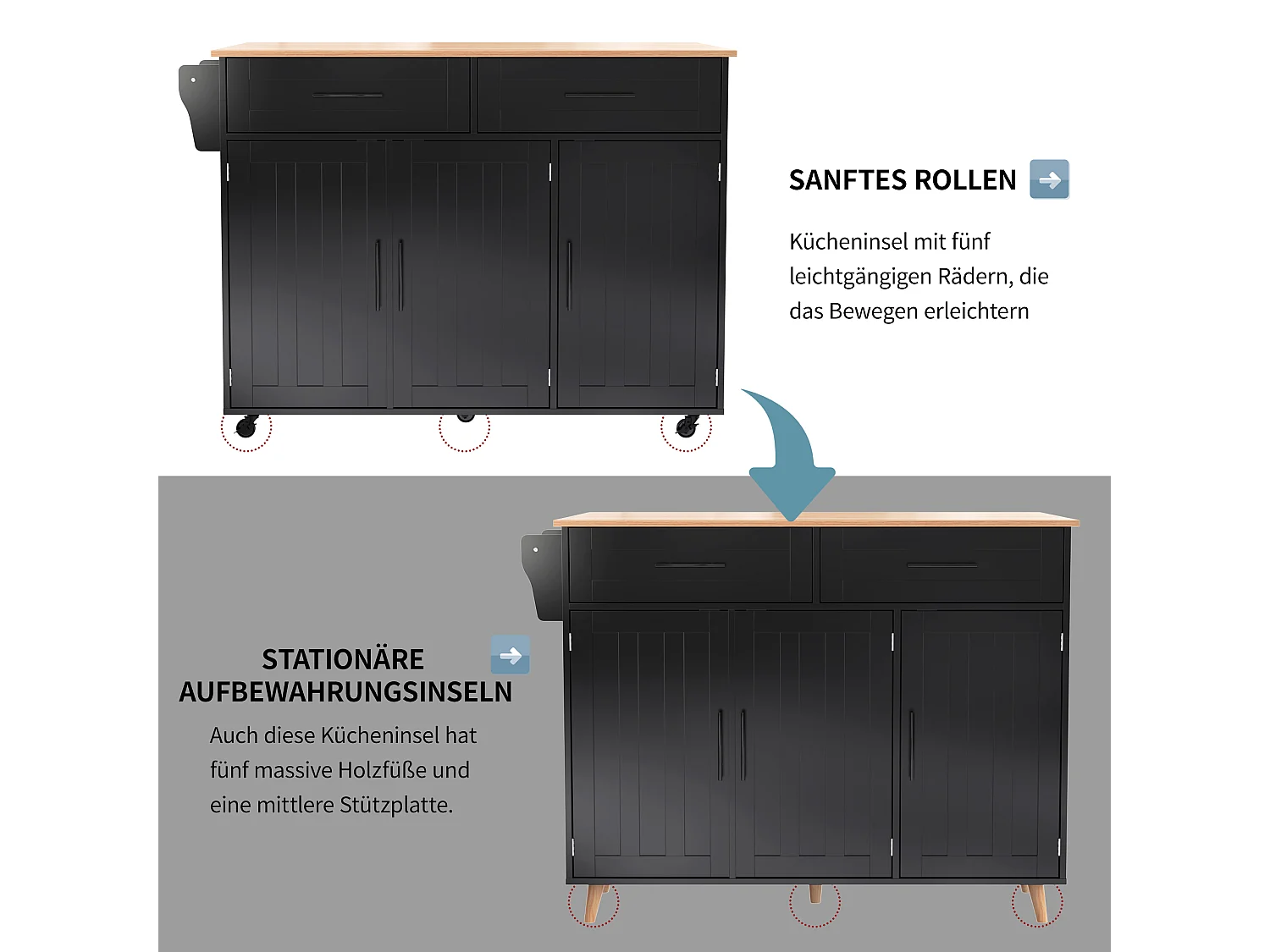 Mobile Kücheninsel mit 3 Türen und 2 Schubladen – 139 x 46/71 x 91,5 cm – MDF – Ausziehbare Arbeitsplatte – Schwarz