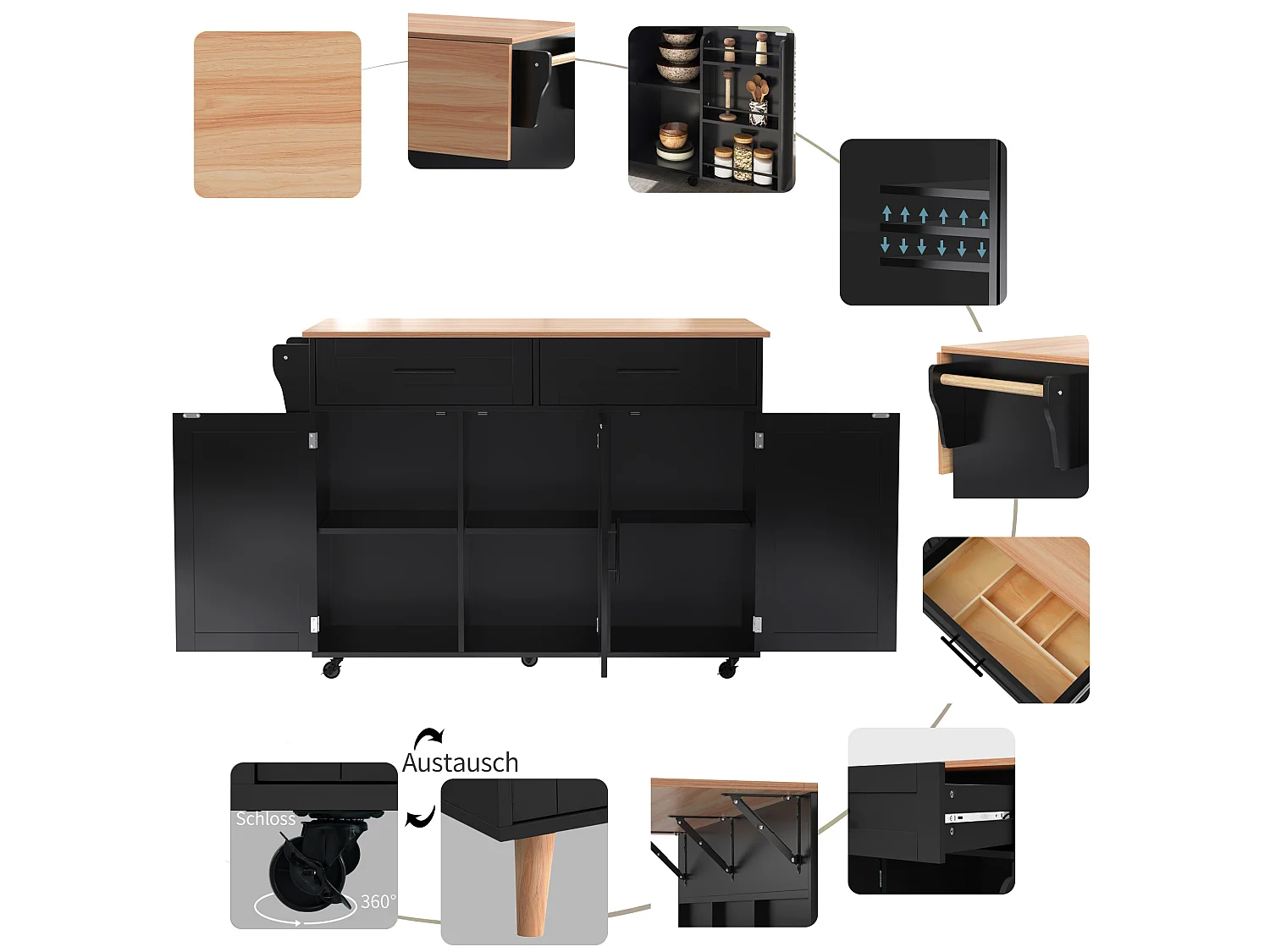 Mobile Kücheninsel mit 3 Türen und 2 Schubladen – 139 x 46/71 x 91,5 cm – MDF – Ausziehbare Arbeitsplatte – Schwarz