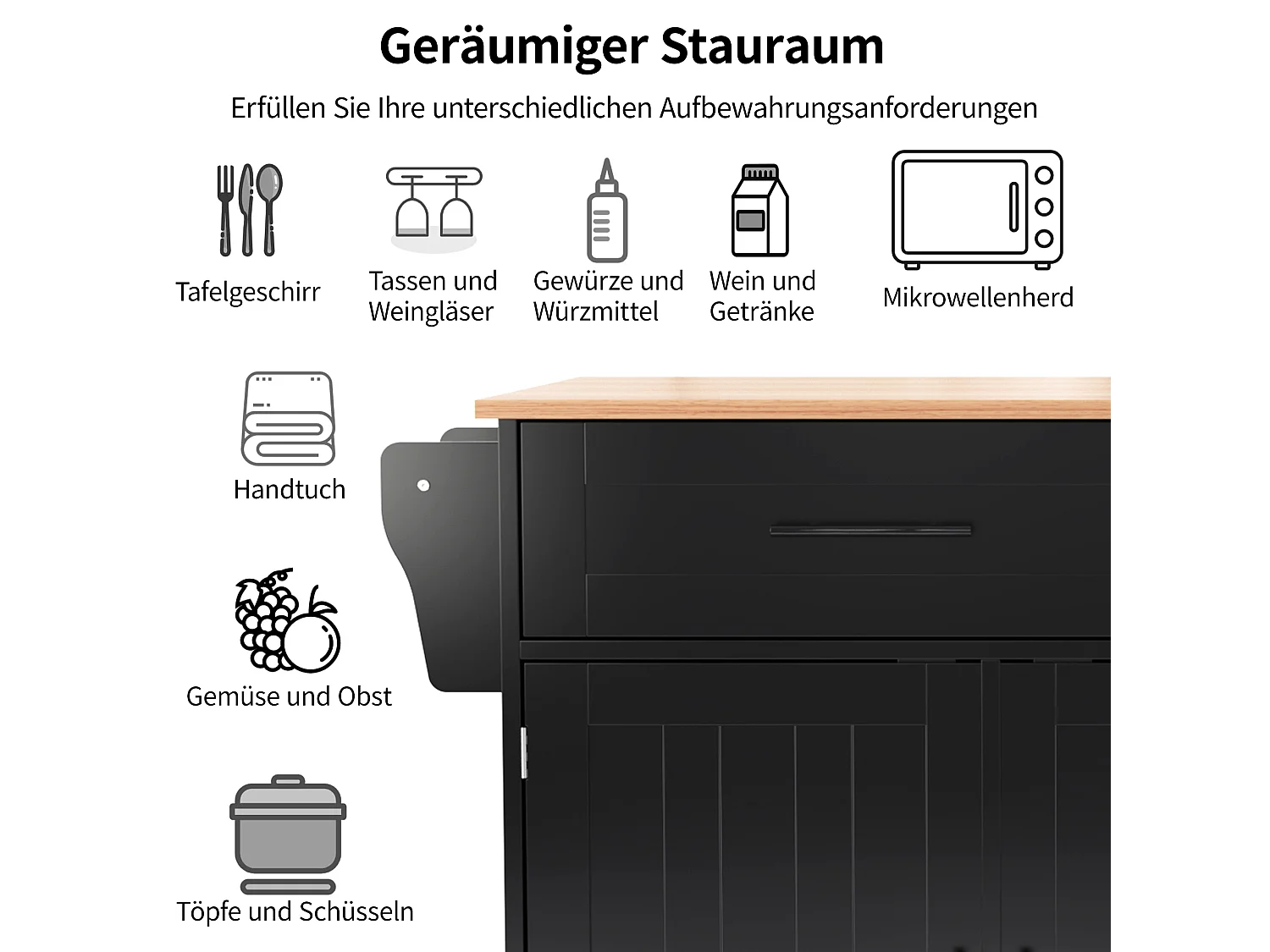 Mobile Kücheninsel mit 3 Türen und 2 Schubladen – 139 x 46/71 x 91,5 cm – MDF – Ausziehbare Arbeitsplatte – Schwarz