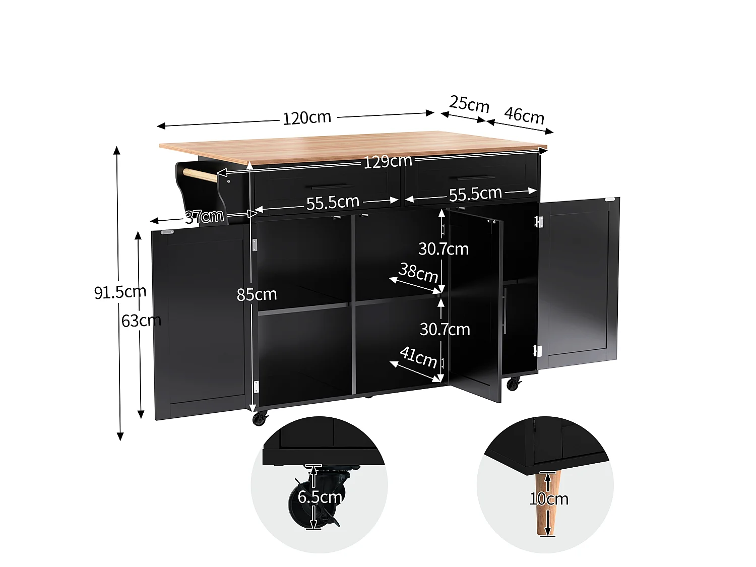 Mobile Kücheninsel mit 3 Türen und 2 Schubladen – 139 x 46/71 x 91,5 cm – MDF – Ausziehbare Arbeitsplatte – Schwarz