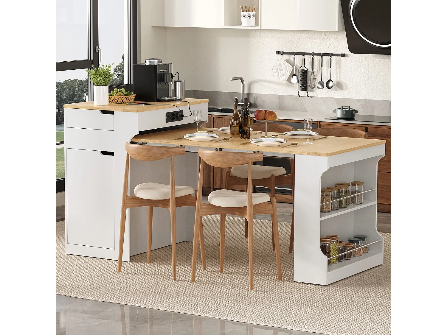 Ausziehbare, mobile Kücheninsel mit Esstisch, integrierten Steckdosen, 1 Tür und 2 Schubladen – 55–153 x 80 x 93 cm – MDF – Weiß