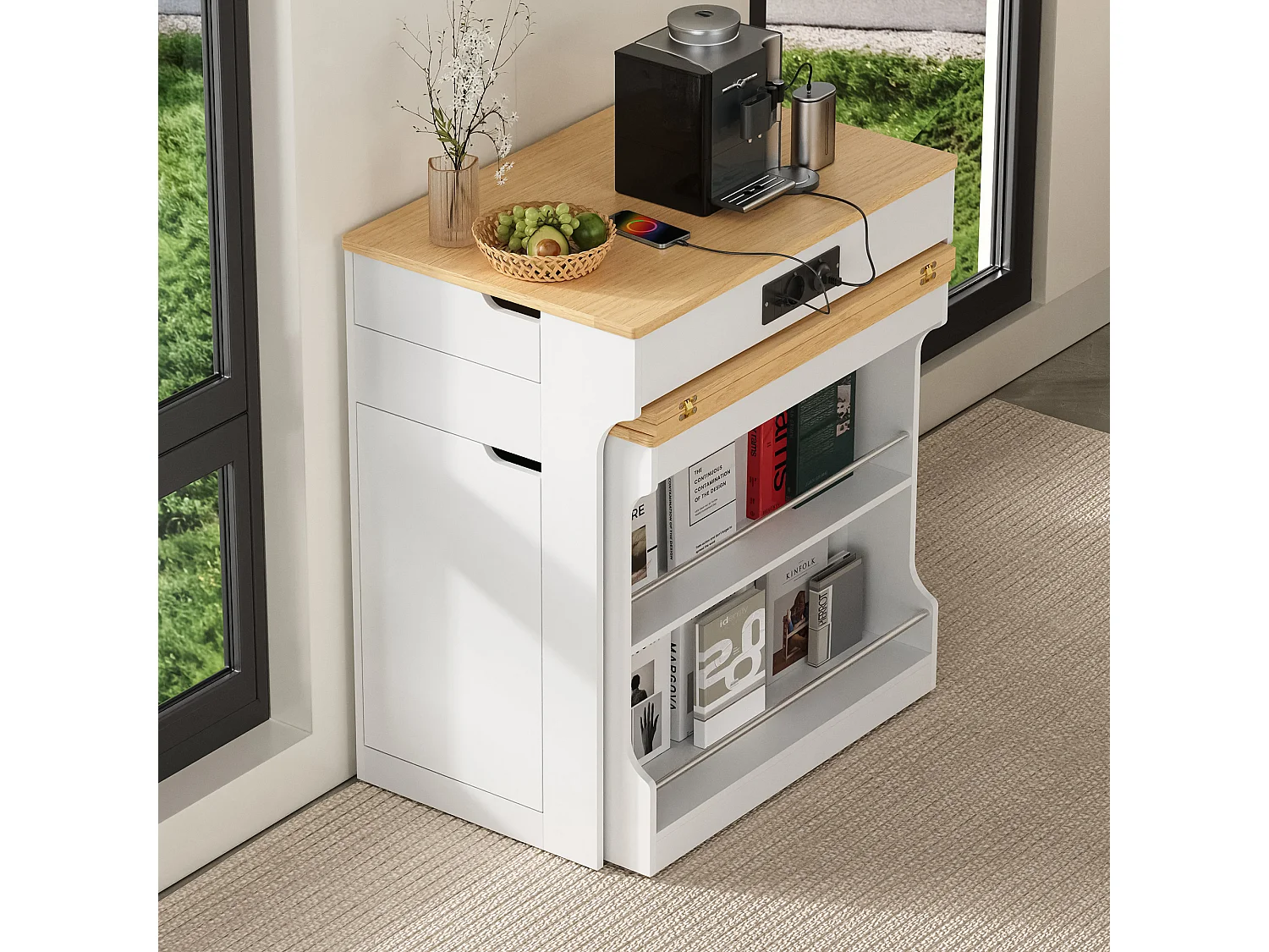 Ausziehbare, mobile Kücheninsel mit Esstisch, integrierten Steckdosen, 1 Tür und 2 Schubladen – 55–153 x 80 x 93 cm – MDF – Weiß