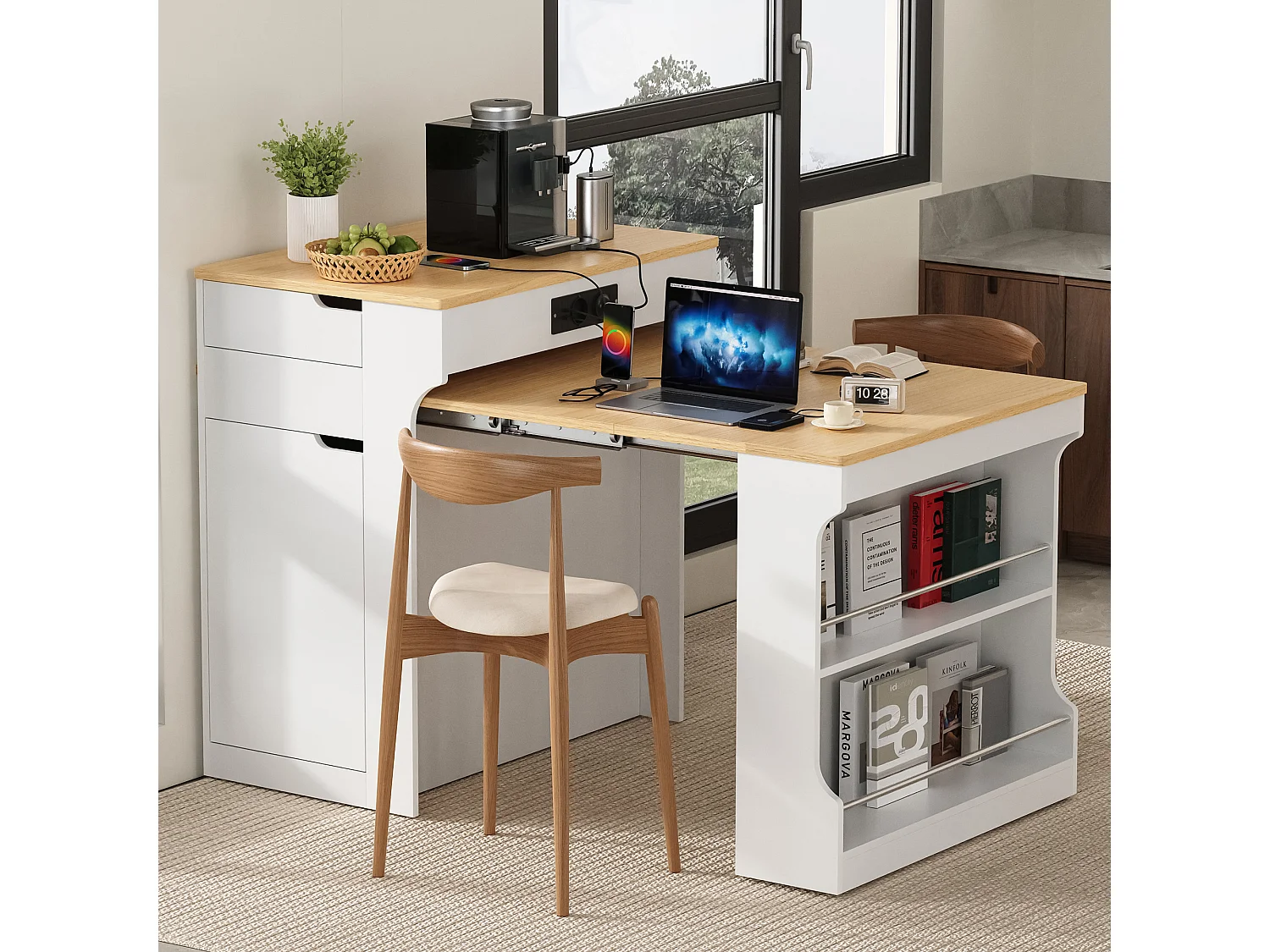 Ausziehbare, mobile Kücheninsel mit Esstisch, integrierten Steckdosen, 1 Tür und 2 Schubladen – 55–153 x 80 x 93 cm – MDF – Weiß