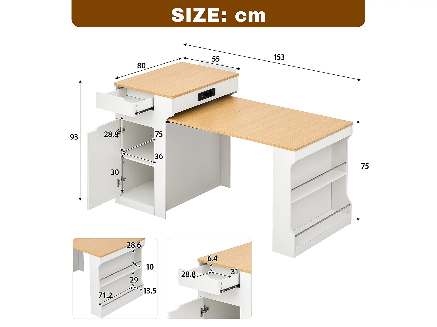 Ausziehbare, mobile Kücheninsel mit Esstisch, integrierten Steckdosen, 1 Tür und 2 Schubladen – 55–153 x 80 x 93 cm – MDF – Weiß