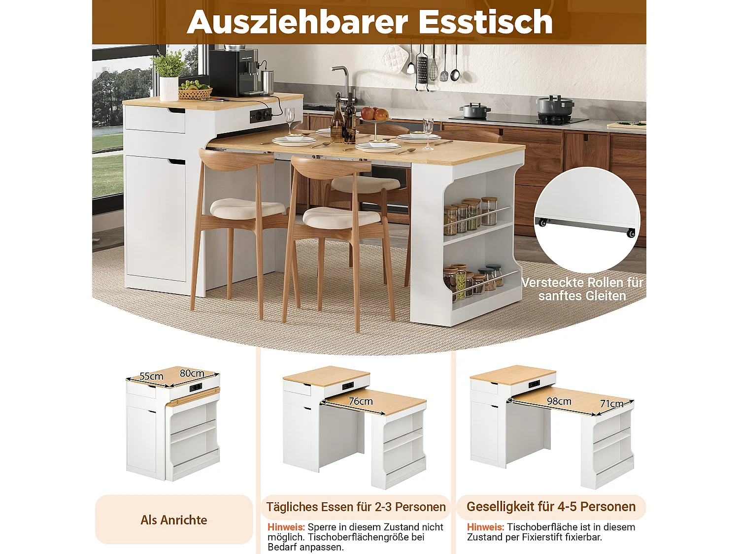 Ausziehbare, mobile Kücheninsel mit Esstisch, integrierten Steckdosen, 1 Tür und 2 Schubladen – 55–153 x 80 x 93 cm – MDF – Weiß
