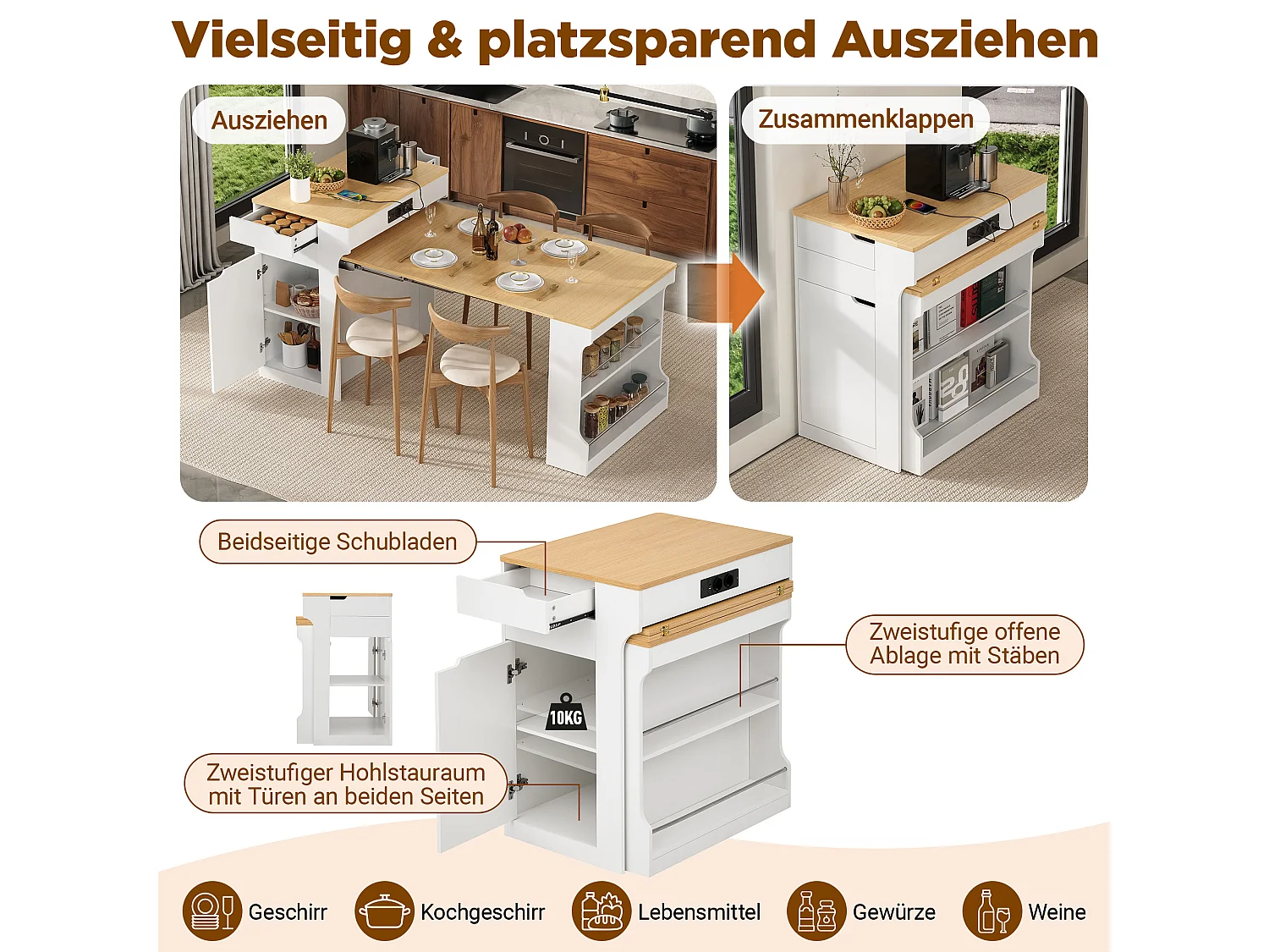 Ausziehbare, mobile Kücheninsel mit Esstisch, integrierten Steckdosen, 1 Tür und 2 Schubladen – 55–153 x 80 x 93 cm – MDF – Weiß