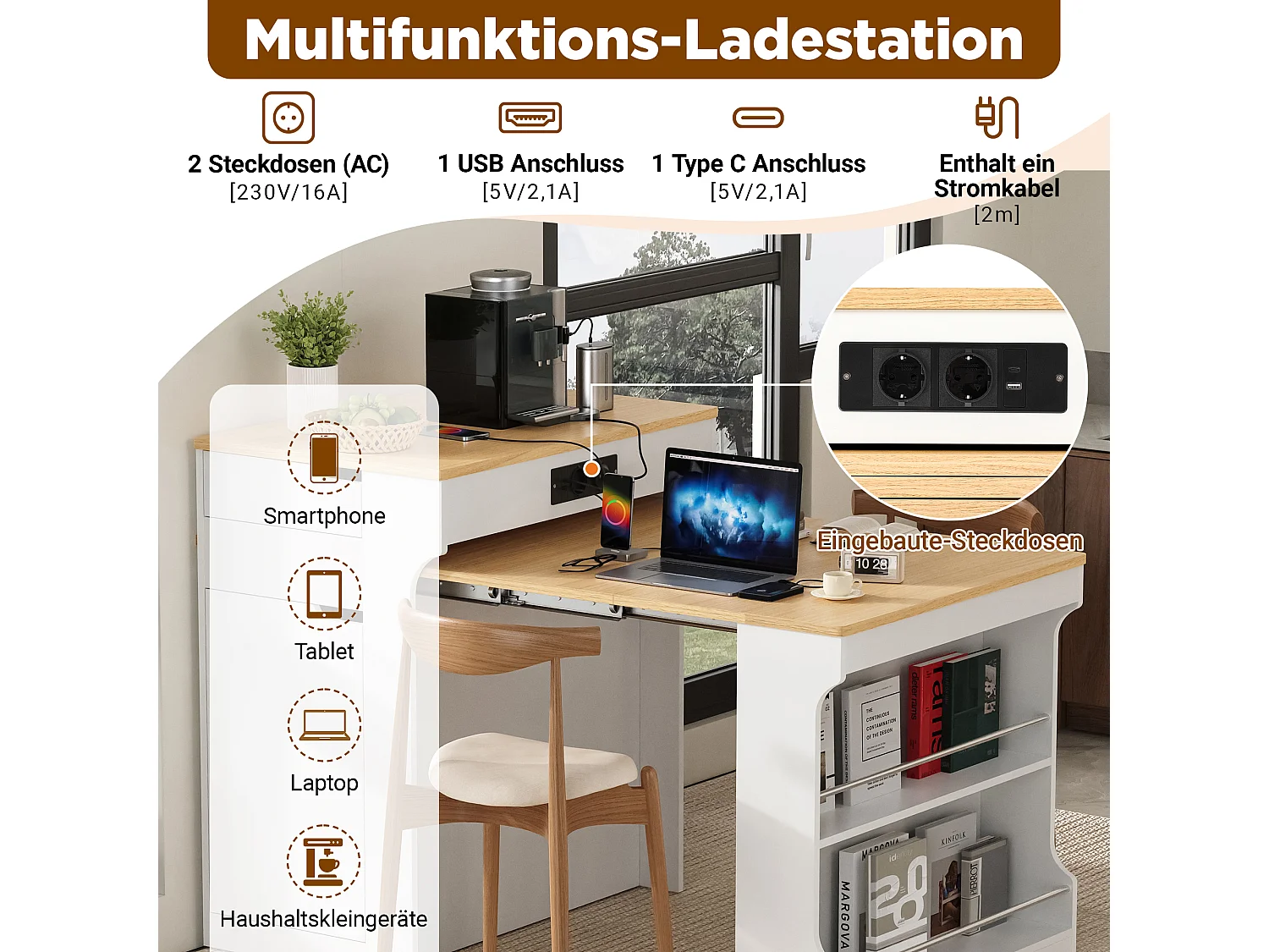 Ausziehbare, mobile Kücheninsel mit Esstisch, integrierten Steckdosen, 1 Tür und 2 Schubladen – 55–153 x 80 x 93 cm – MDF – Weiß