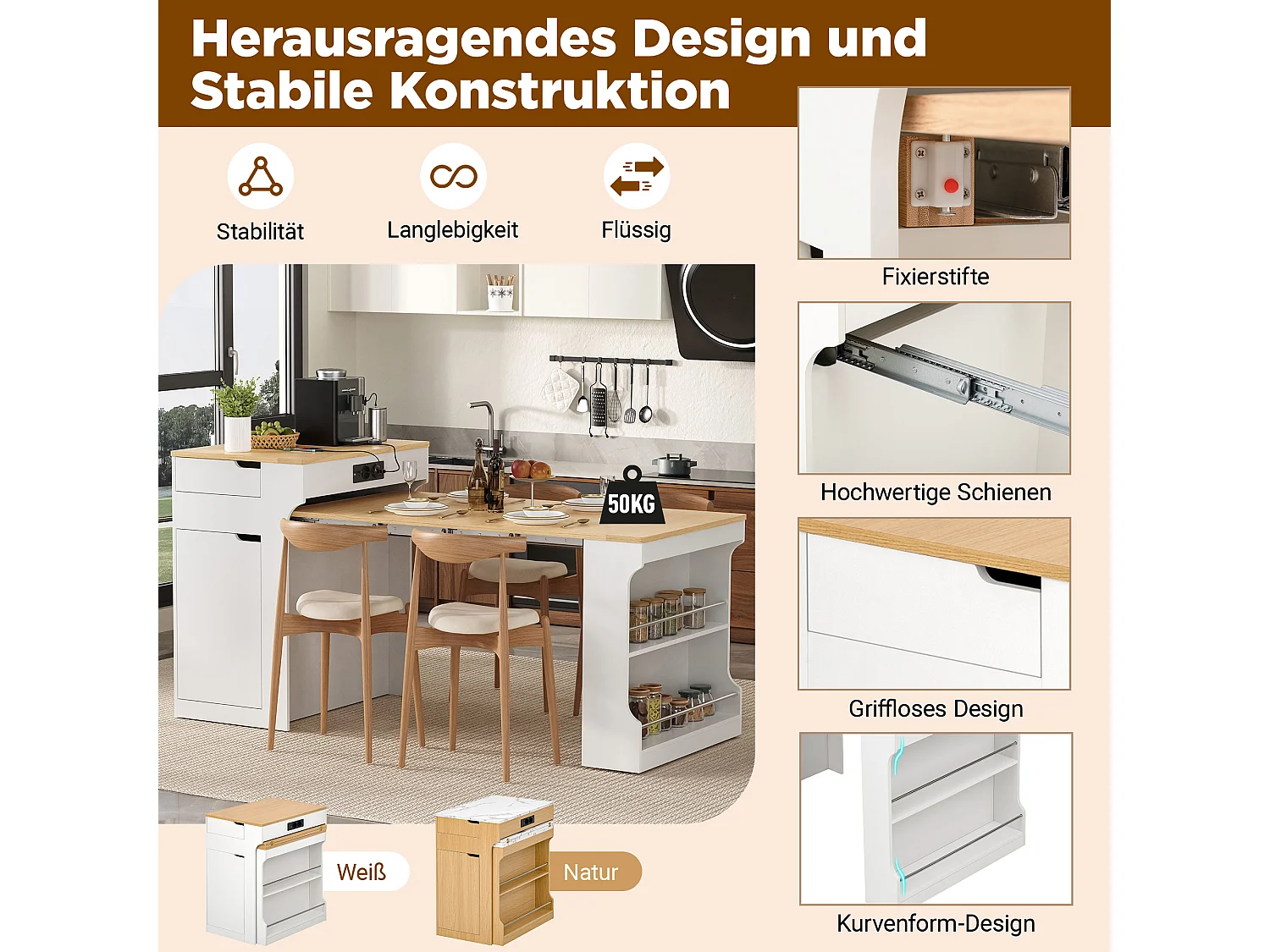 Ausziehbare, mobile Kücheninsel mit Esstisch, integrierten Steckdosen, 1 Tür und 2 Schubladen – 55–153 x 80 x 93 cm – MDF – Weiß