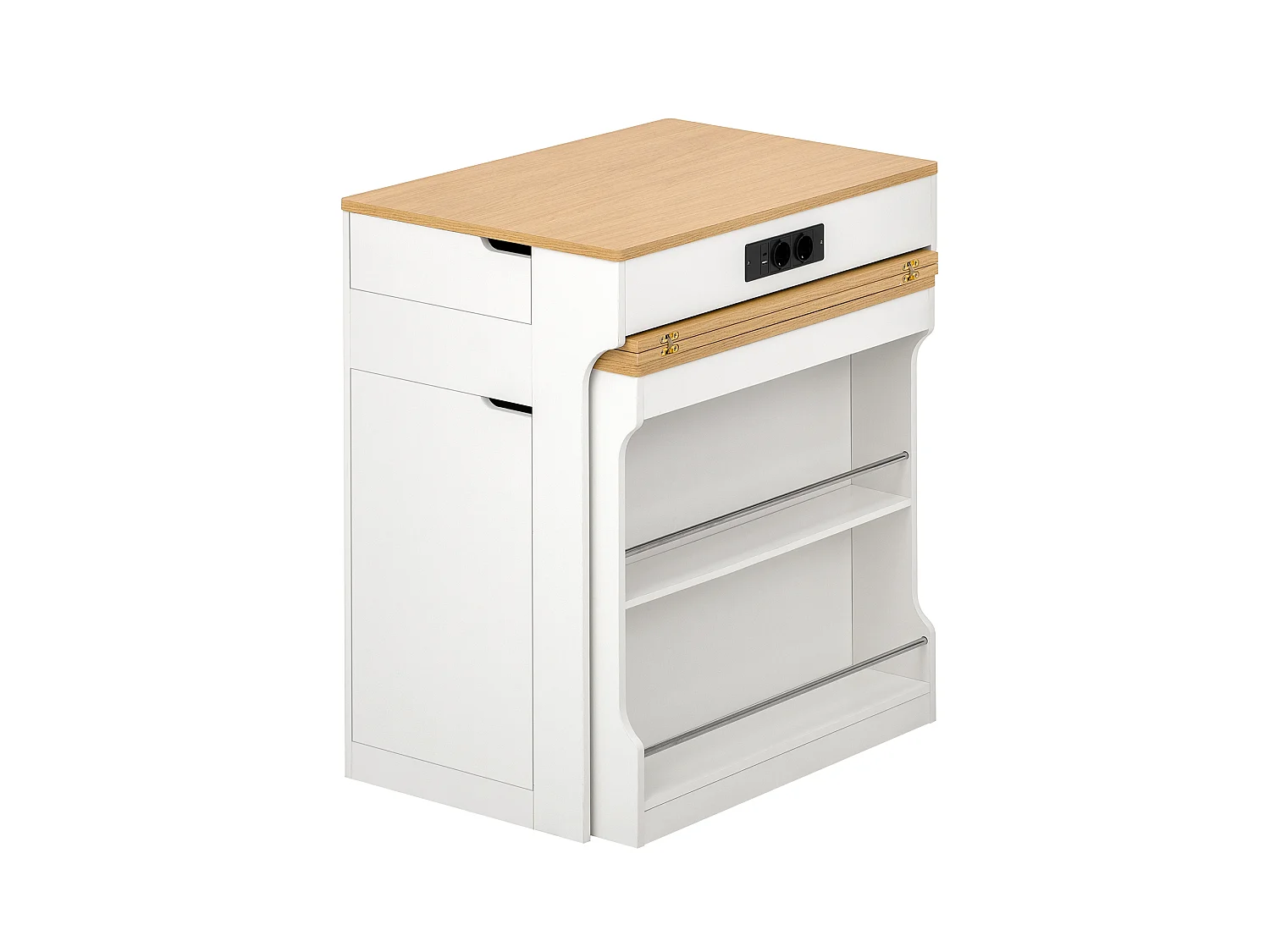 Ausziehbare, mobile Kücheninsel mit Esstisch, integrierten Steckdosen, 1 Tür und 2 Schubladen – 55–153 x 80 x 93 cm – MDF – Weiß
