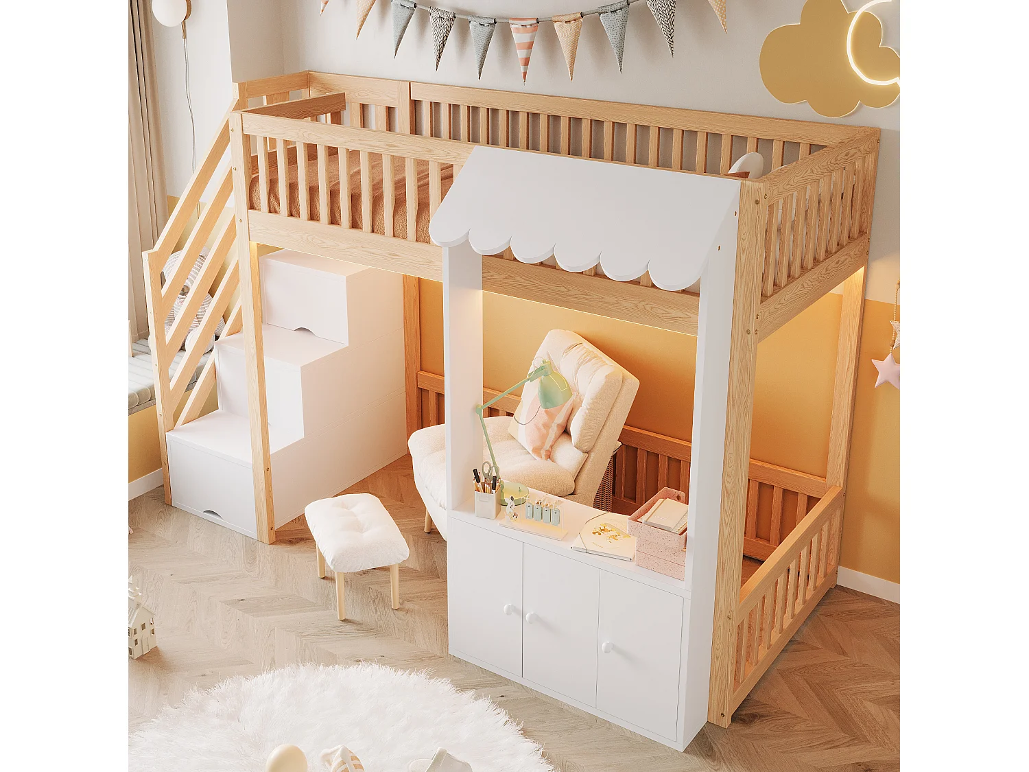 Hochbett 90 x 200 cm mit Stauraumtreppe, Kleiderschrank und mehrfarbiger LED-Beleuchtung - Kiefer + MDF - Naturholz (Matratze nicht im Lieferumfang enthalten)