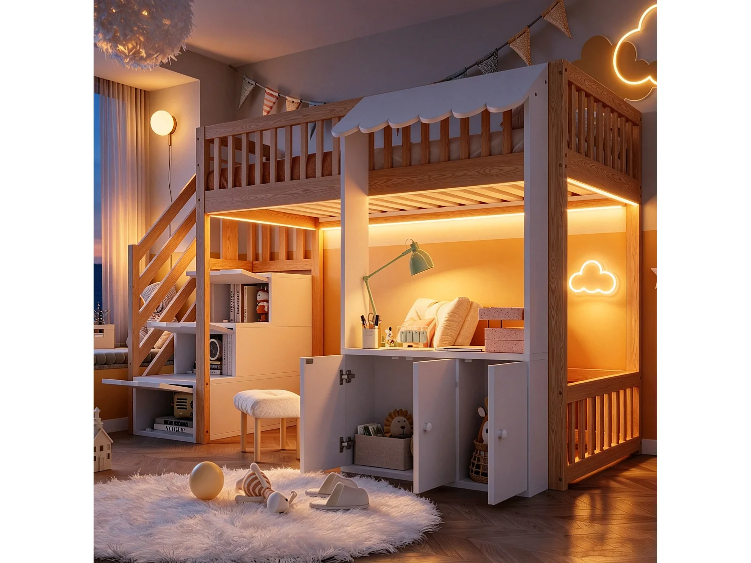 Hochbett 90 x 200 cm mit Stauraumtreppe, Kleiderschrank und mehrfarbiger LED-Beleuchtung - Kiefer + MDF - Naturholz (Matratze nicht im Lieferumfang enthalten)