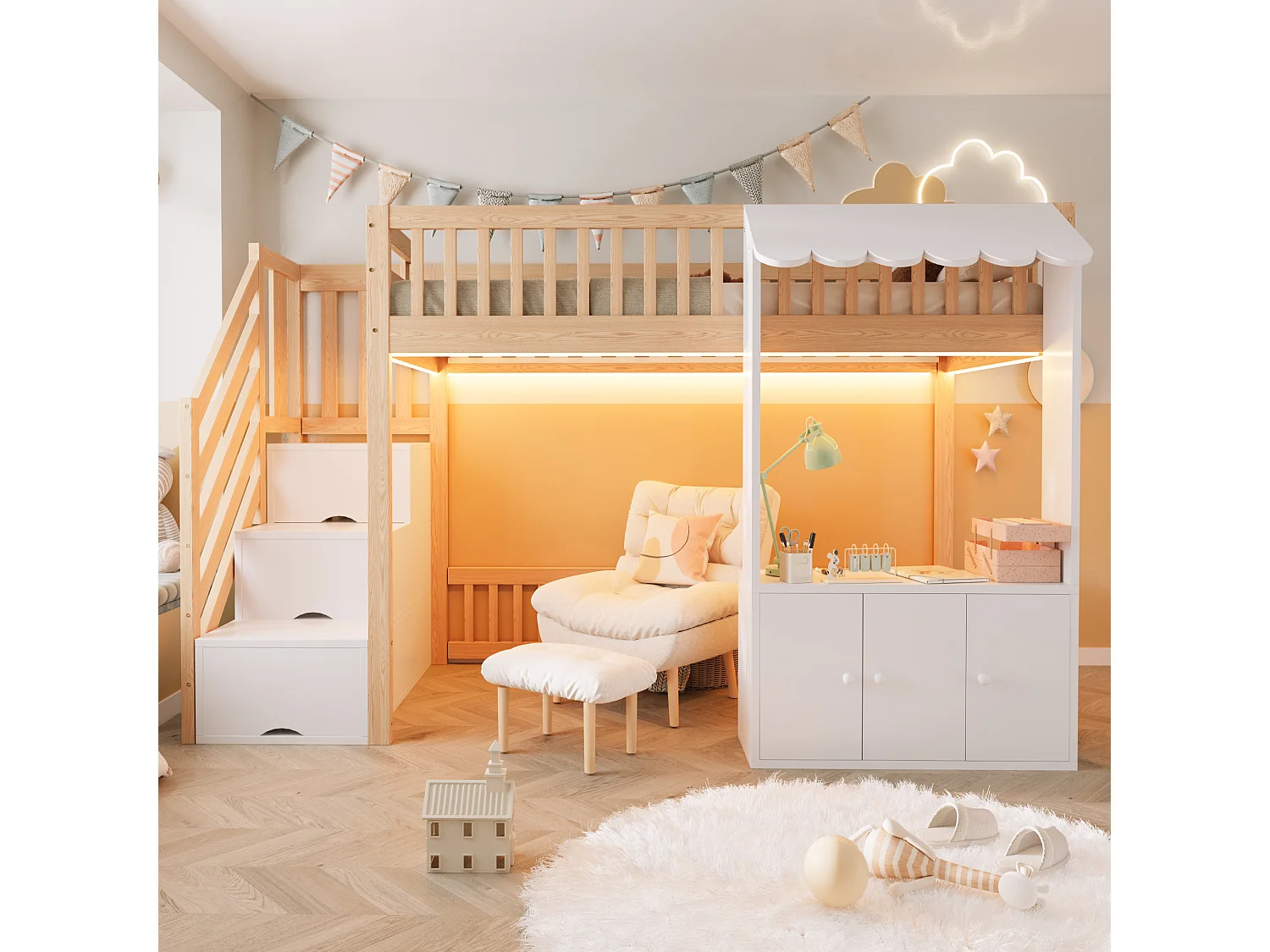Hochbett 90 x 200 cm mit Stauraumtreppe, Kleiderschrank und mehrfarbiger LED-Beleuchtung - Kiefer + MDF - Naturholz (Matratze nicht im Lieferumfang enthalten)
