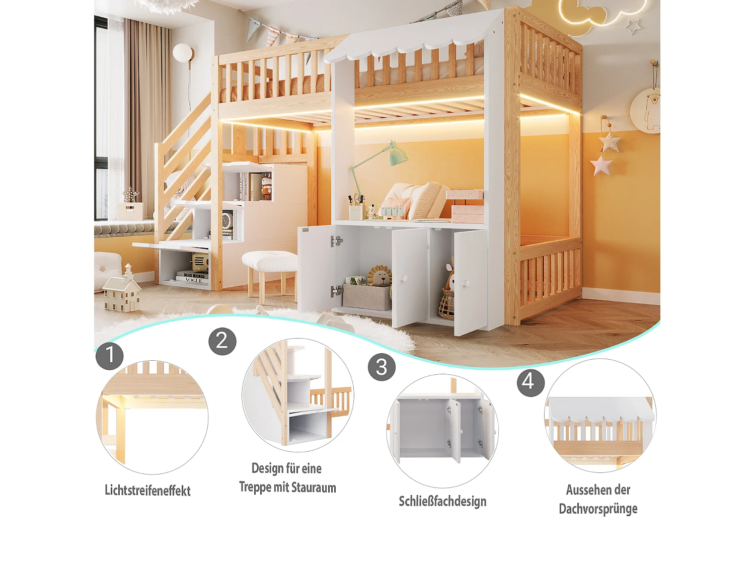 Hochbett 90 x 200 cm mit Stauraumtreppe, Kleiderschrank und mehrfarbiger LED-Beleuchtung - Kiefer + MDF - Naturholz (Matratze nicht im Lieferumfang enthalten)