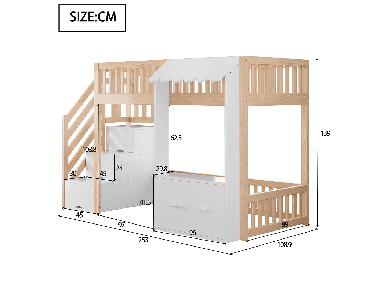 Hochbett 90 x 200 cm mit Stauraumtreppe, Kleiderschrank und mehrfarbiger LED-Beleuchtung - Kiefer + MDF - Naturholz (Matratze nicht im Lieferumfang enthalten)