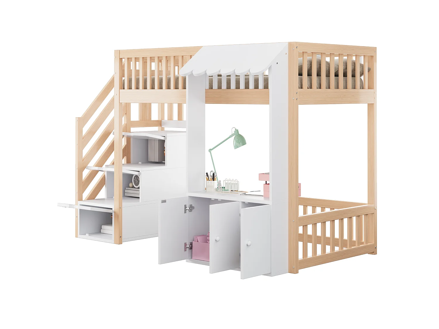 Hochbett 90 x 200 cm mit Stauraumtreppe, Kleiderschrank und mehrfarbiger LED-Beleuchtung - Kiefer + MDF - Naturholz (Matratze nicht im Lieferumfang enthalten)