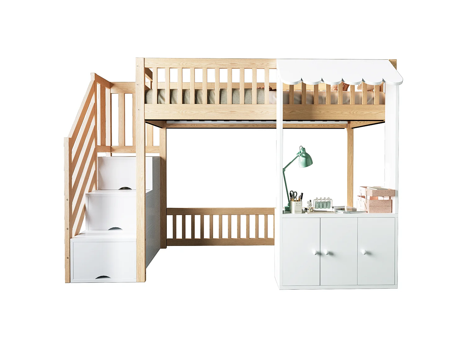Hochbett 90 x 200 cm mit Stauraumtreppe, Kleiderschrank und mehrfarbiger LED-Beleuchtung - Kiefer + MDF - Naturholz (Matratze nicht im Lieferumfang enthalten)