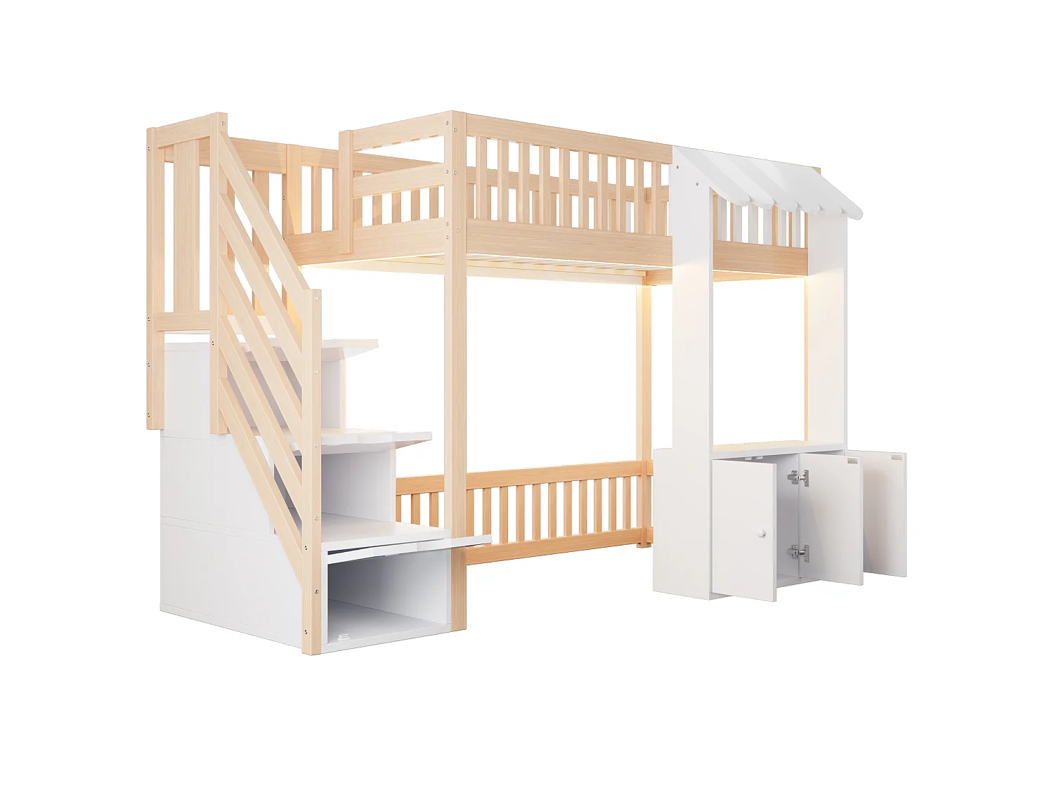 Hochbett 90 x 200 cm mit Stauraumtreppe, Kleiderschrank und mehrfarbiger LED-Beleuchtung - Kiefer + MDF - Naturholz (Matratze nicht im Lieferumfang enthalten)