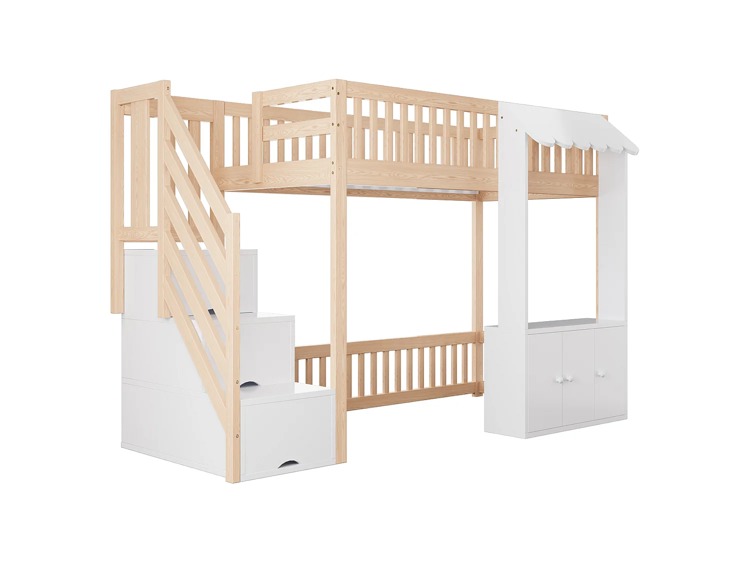 Hochbett 90 x 200 cm mit Stauraumtreppe, Kleiderschrank und mehrfarbiger LED-Beleuchtung - Kiefer + MDF - Naturholz (Matratze nicht im Lieferumfang enthalten)