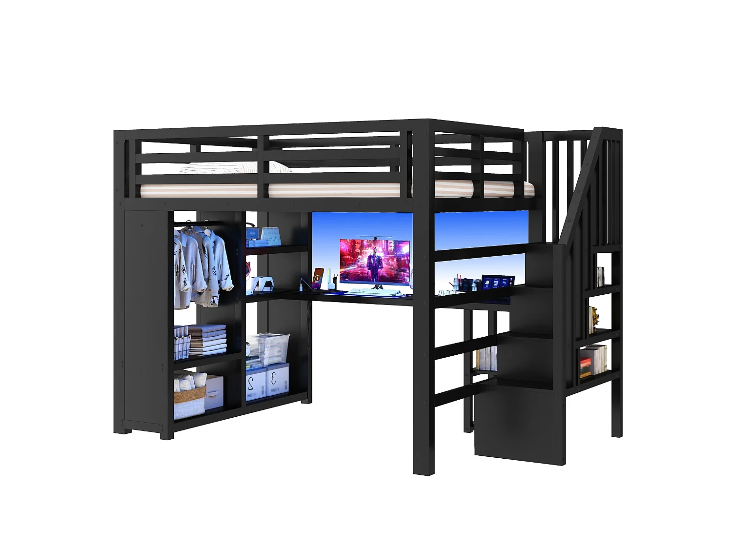 Loft bed 140 x 200 cm with desk, wardrobe, LED lighting and shelves - Metal - Black (Mattress not included)