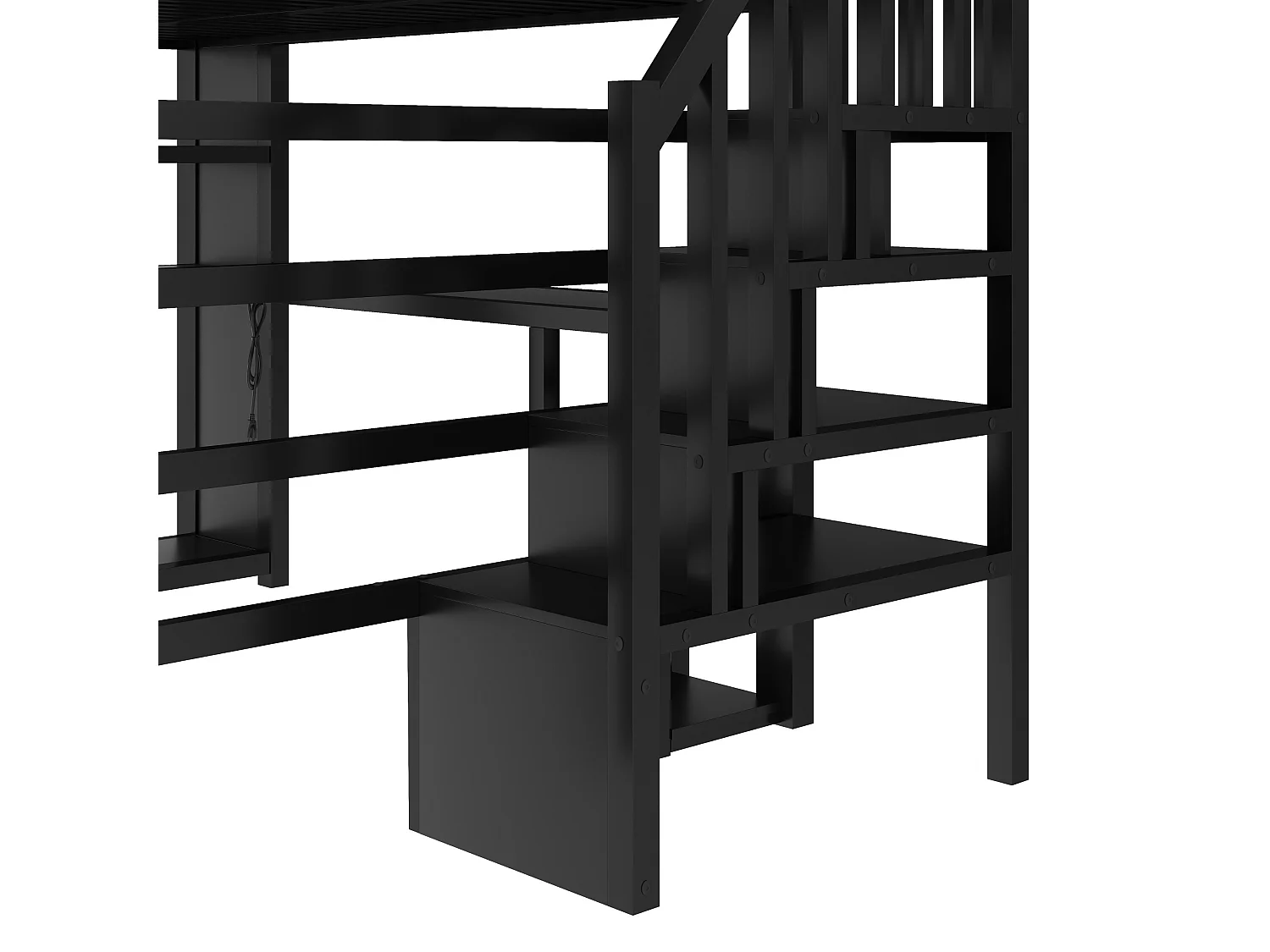 Loft bed 140 x 200 cm with desk, wardrobe, LED lighting and shelves - Metal - Black (Mattress not included)
