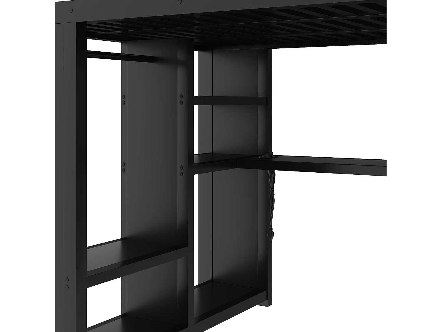Loft bed 140 x 200 cm with desk, wardrobe, LED lighting and shelves - Metal - Black (Mattress not included)