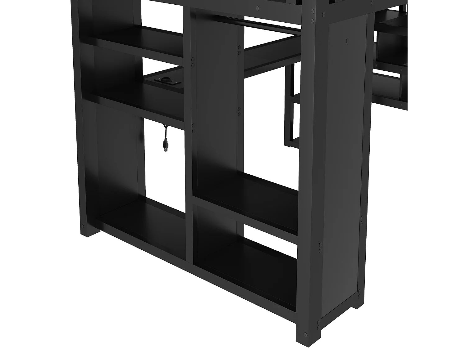 Loft bed 140 x 200 cm with desk, wardrobe, LED lighting and shelves - Metal - Black (Mattress not included)