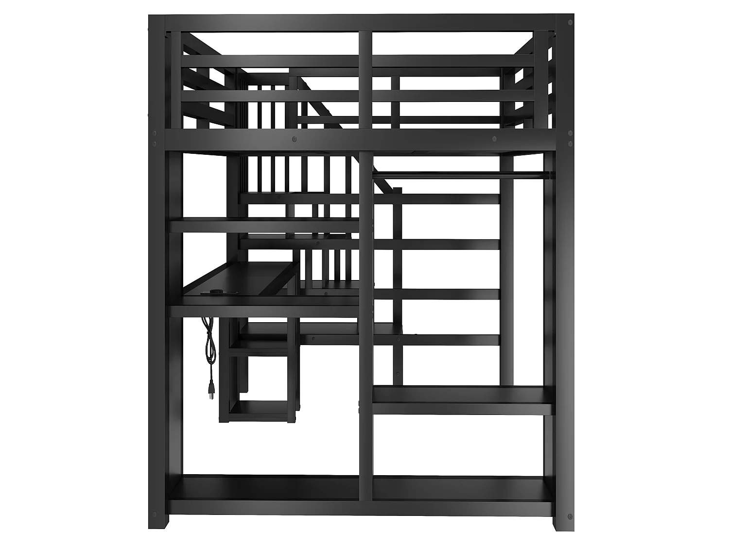 Loft bed 140 x 200 cm with desk, wardrobe, LED lighting and shelves - Metal - Black (Mattress not included)