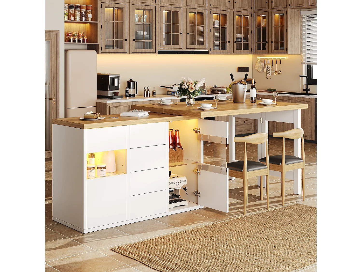 360° drehbare Kücheninsel mit RGB-LED-Beleuchtung, 2 Glastüren und 4 Schubladen – 120–197 x 40 x 73,8 cm – MDF/Metall – Weiß