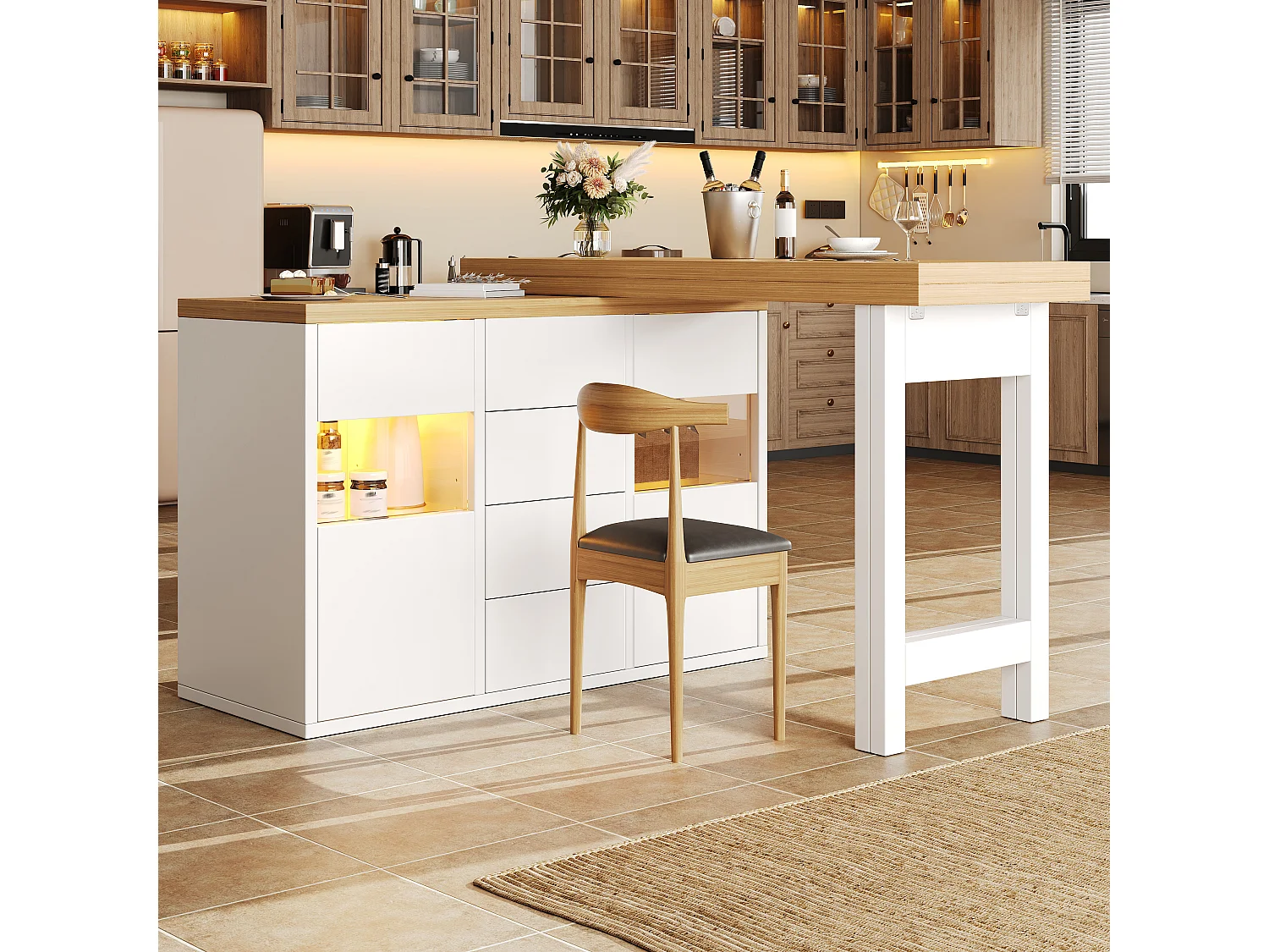 360° drehbare Kücheninsel mit RGB-LED-Beleuchtung, 2 Glastüren und 4 Schubladen – 120–197 x 40 x 73,8 cm – MDF/Metall – Weiß