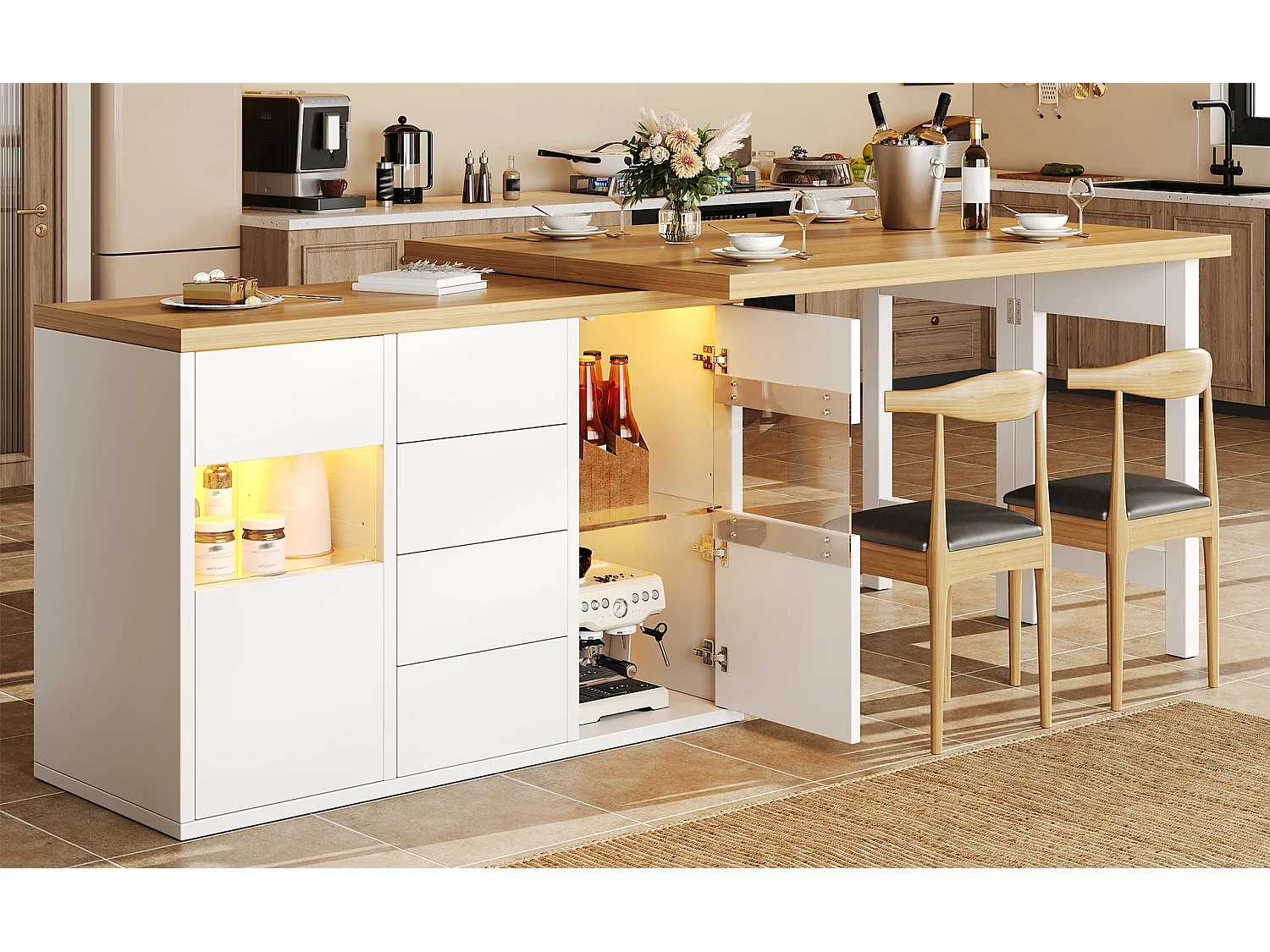 360° drehbare Kücheninsel mit RGB-LED-Beleuchtung, 2 Glastüren und 4 Schubladen – 120–197 x 40 x 73,8 cm – MDF/Metall – Weiß