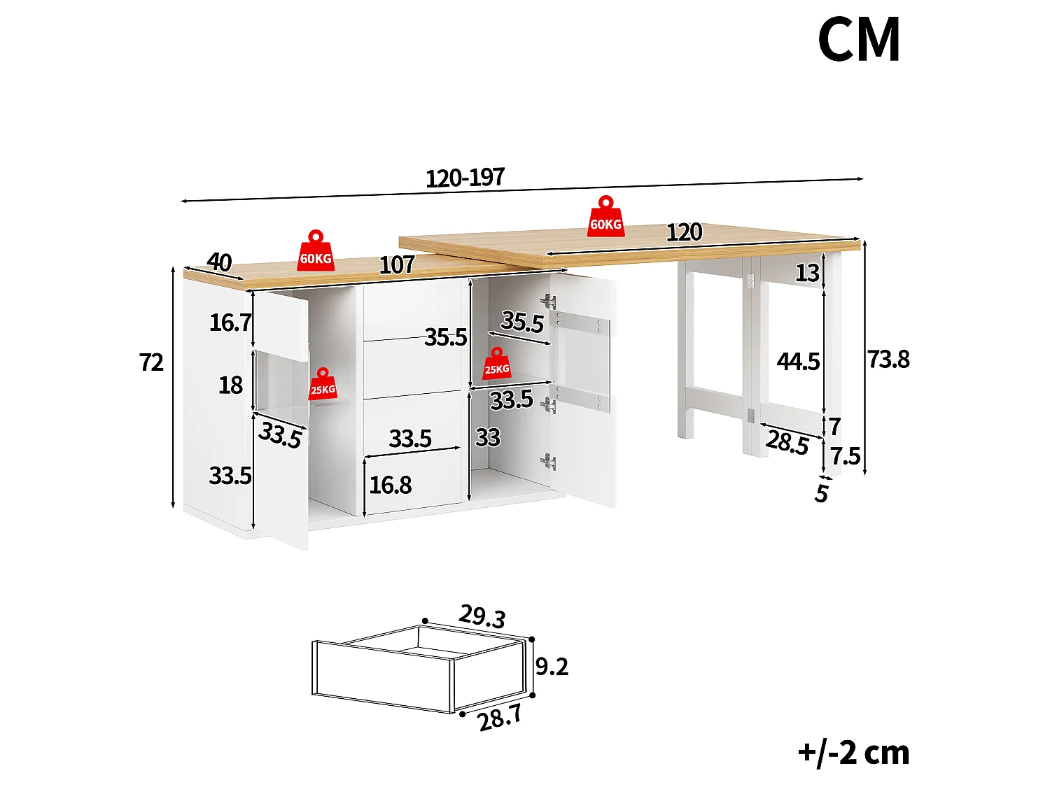 360° drehbare Kücheninsel mit RGB-LED-Beleuchtung, 2 Glastüren und 4 Schubladen – 120–197 x 40 x 73,8 cm – MDF/Metall – Weiß