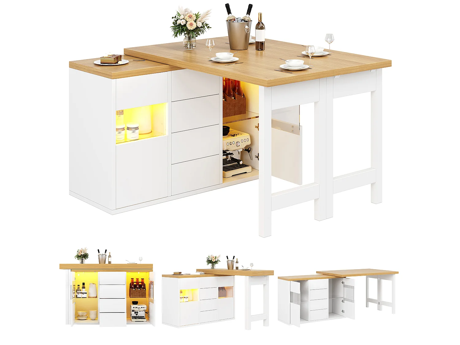 360° drehbare Kücheninsel mit RGB-LED-Beleuchtung, 2 Glastüren und 4 Schubladen – 120–197 x 40 x 73,8 cm – MDF/Metall – Weiß