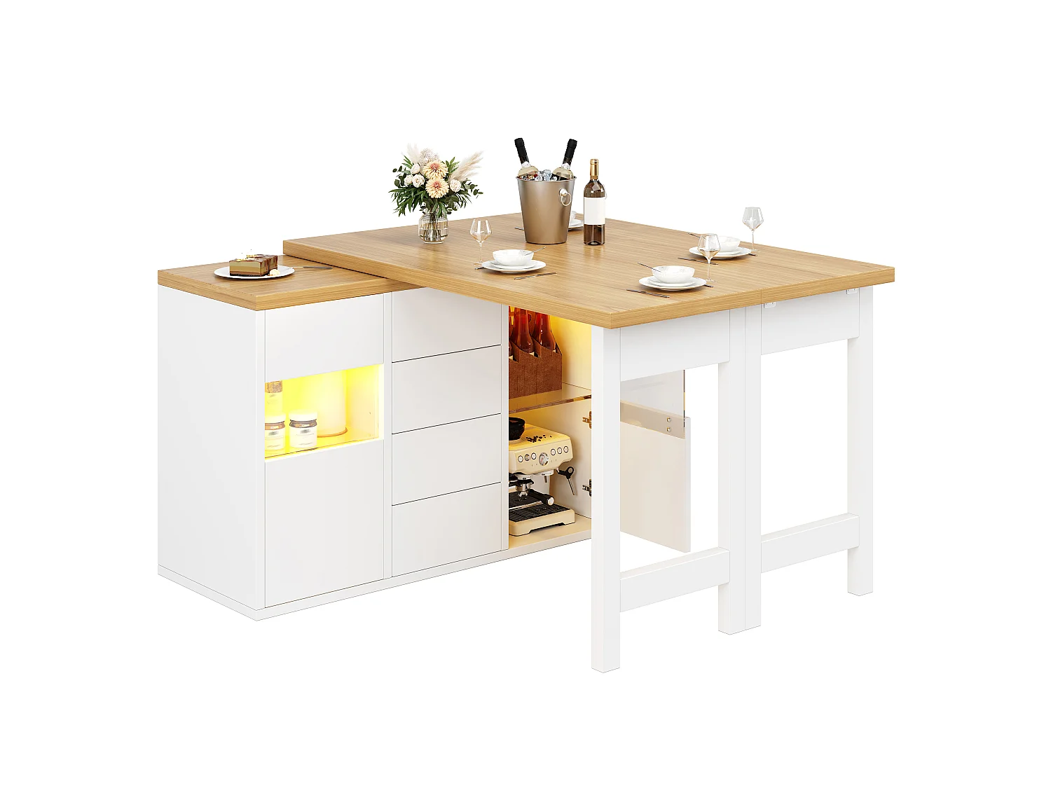 360° drehbare Kücheninsel mit RGB-LED-Beleuchtung, 2 Glastüren und 4 Schubladen – 120–197 x 40 x 73,8 cm – MDF/Metall – Weiß