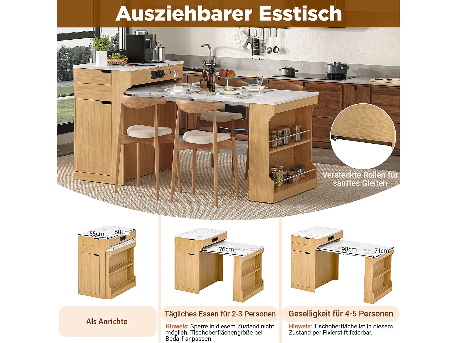 Îlot central de cuisine mobile extensible avec table à manger, prises intégrées, 1 porte et 2 tiroirs – 55–153 x 80 x 93 cm – MDF – Naturel