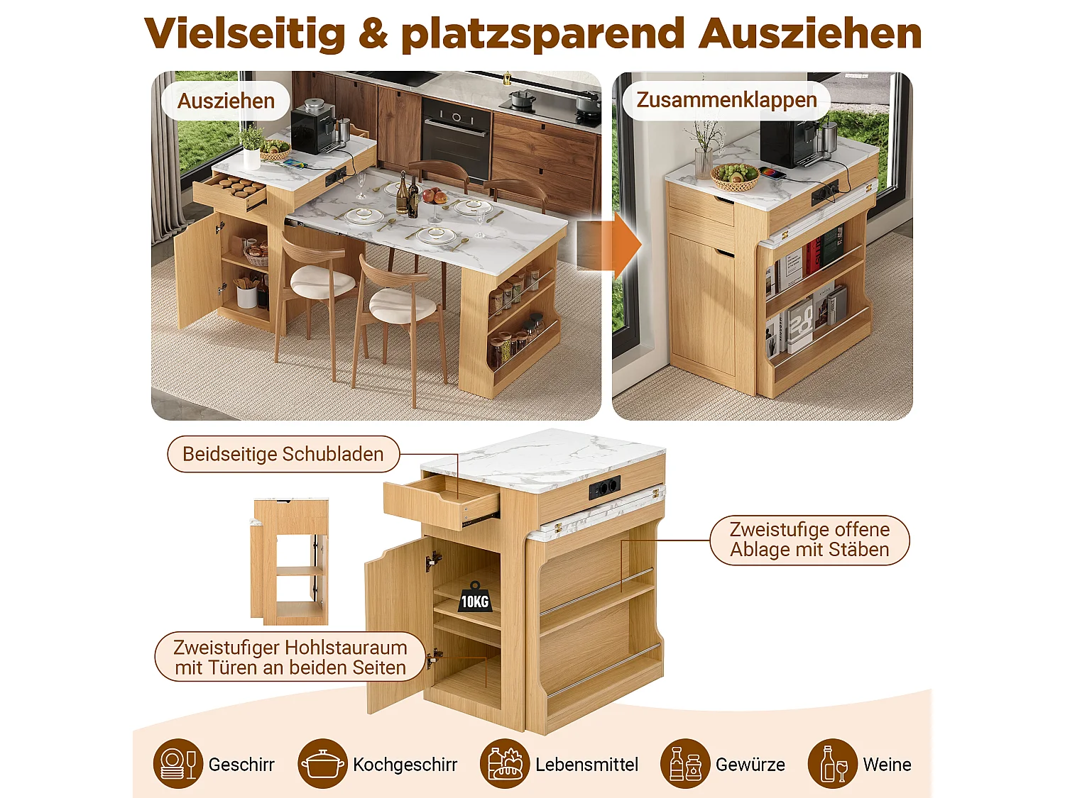 Îlot central de cuisine mobile extensible avec table à manger, prises intégrées, 1 porte et 2 tiroirs – 55–153 x 80 x 93 cm – MDF – Naturel