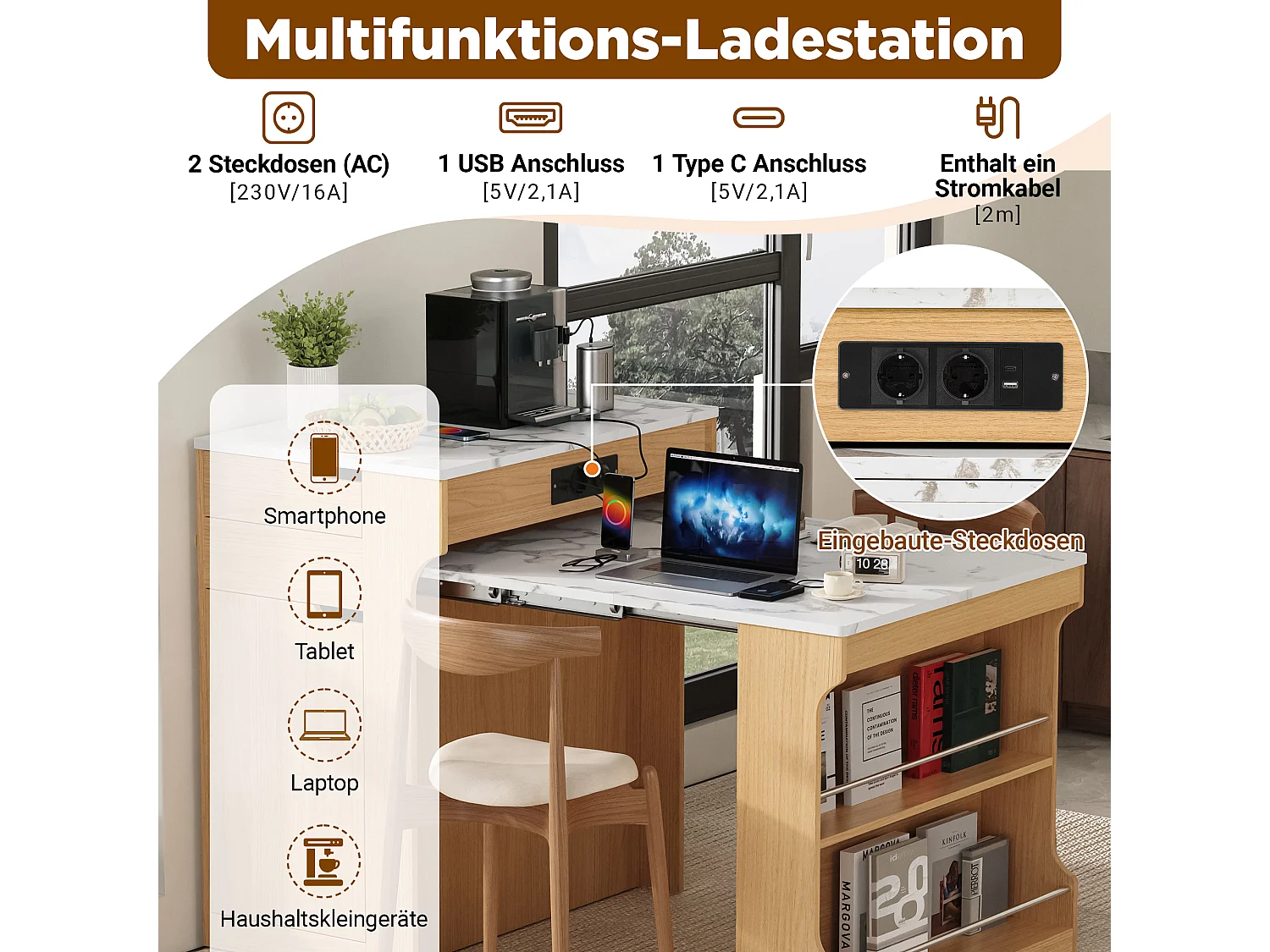 Îlot central de cuisine mobile extensible avec table à manger, prises intégrées, 1 porte et 2 tiroirs – 55–153 x 80 x 93 cm – MDF – Naturel