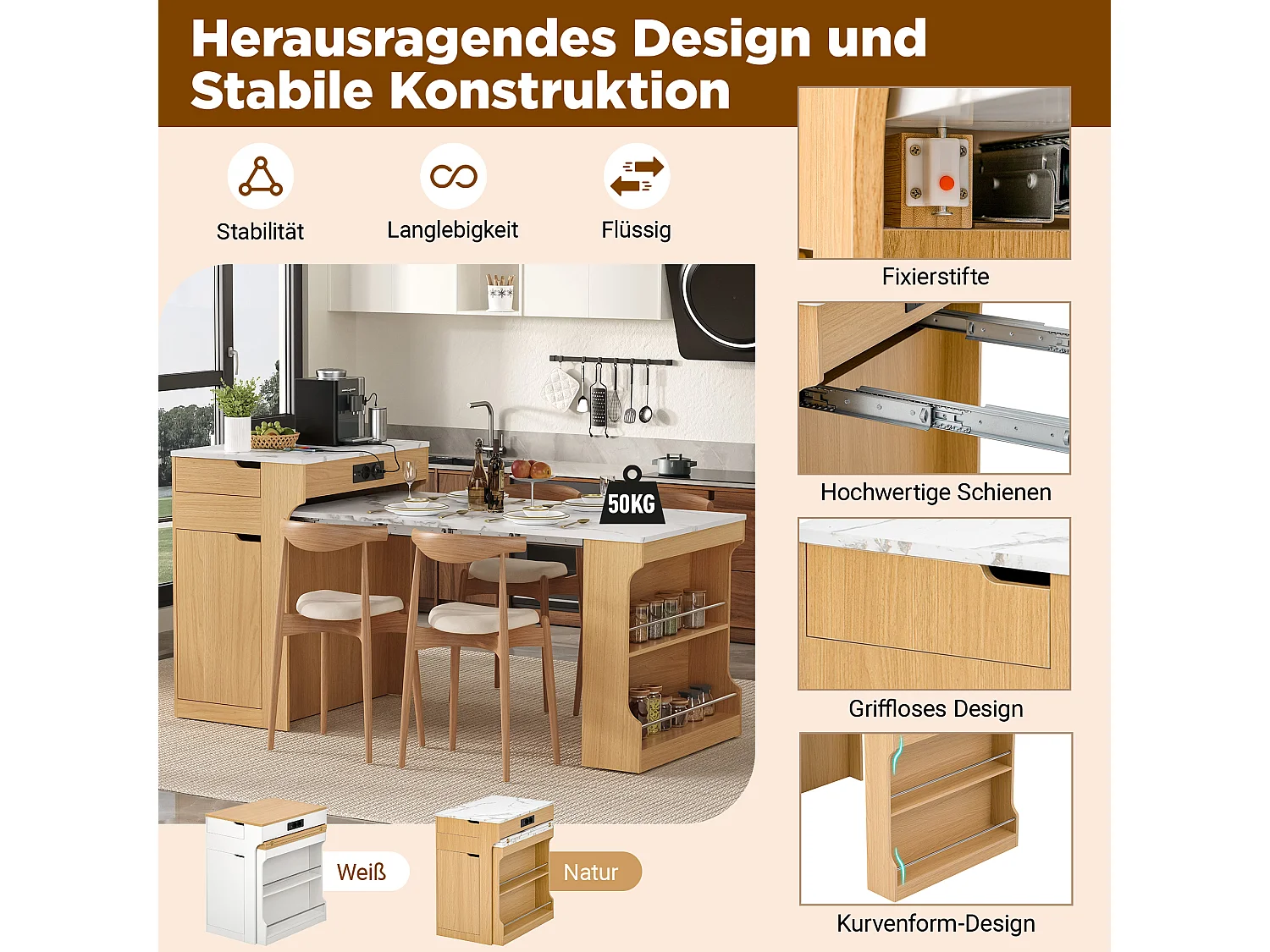 Îlot central de cuisine mobile extensible avec table à manger, prises intégrées, 1 porte et 2 tiroirs – 55–153 x 80 x 93 cm – MDF – Naturel