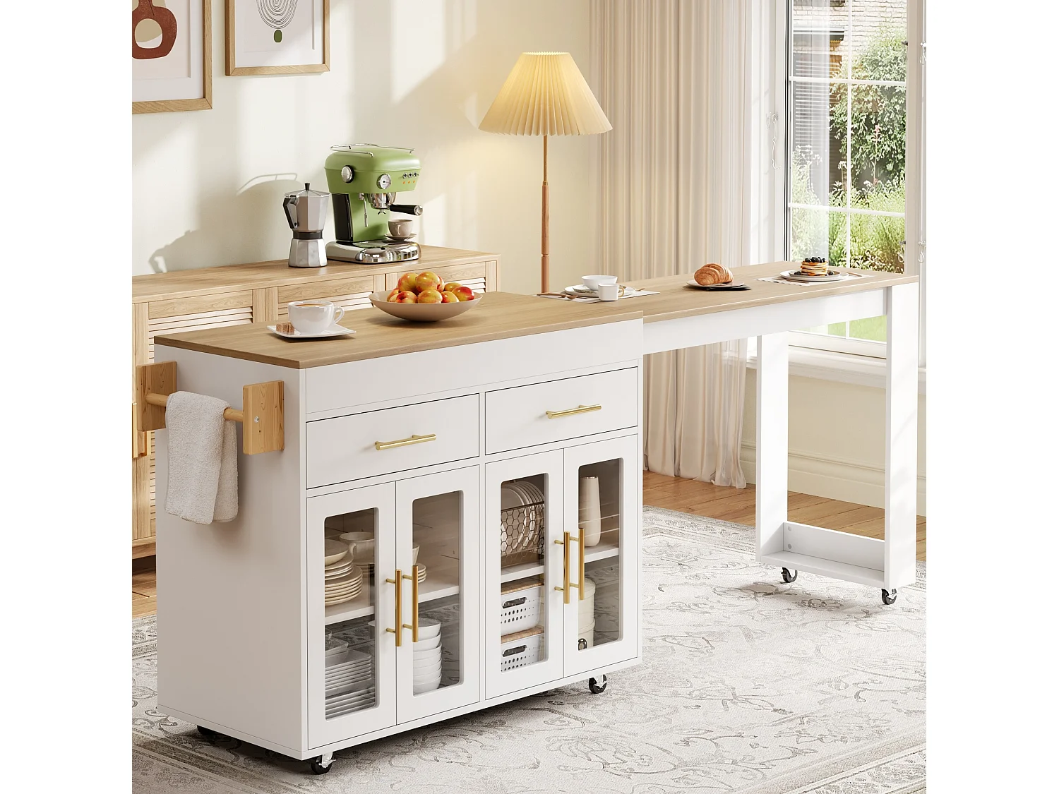 Ausziehbare Kücheninsel mit Stehtisch, 4 Glastüren und 2 Schubladen – 132,5 bis 217 x 50 x 93 cm – MDF – Weiß und Natur