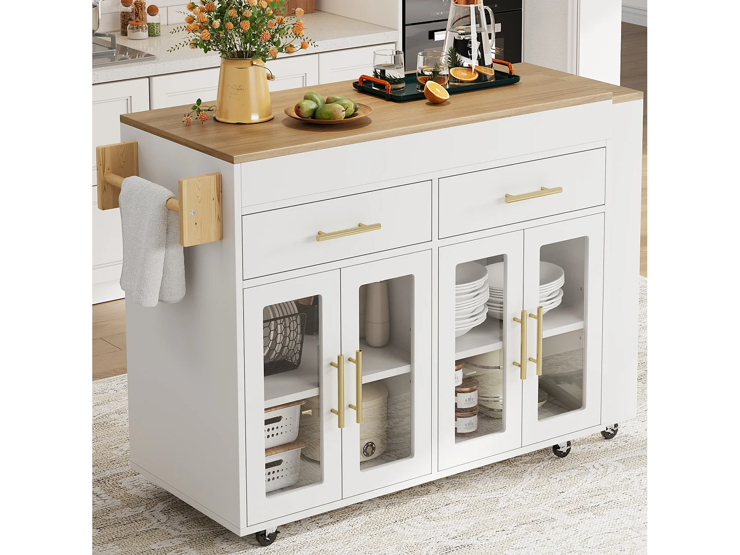Ausziehbare Kücheninsel mit Stehtisch, 4 Glastüren und 2 Schubladen – 132,5 bis 217 x 50 x 93 cm – MDF – Weiß und Natur