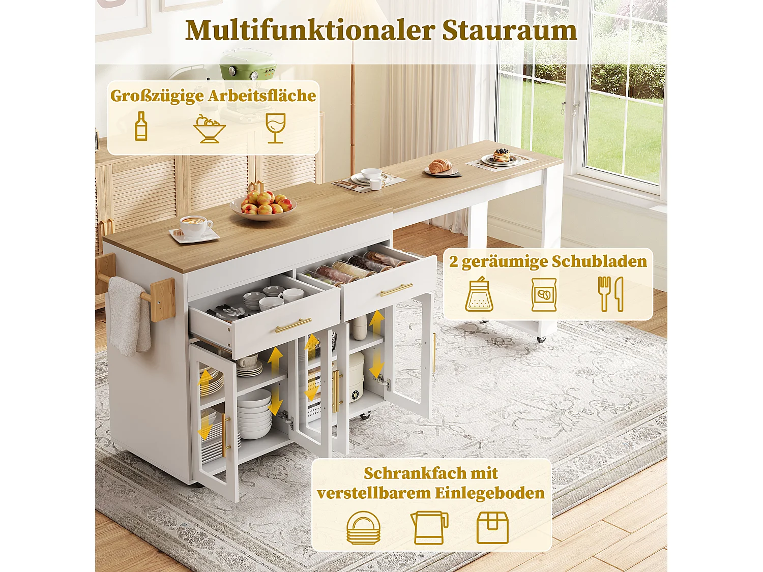 Ausziehbare Kücheninsel mit Stehtisch, 4 Glastüren und 2 Schubladen – 132,5 bis 217 x 50 x 93 cm – MDF – Weiß und Natur
